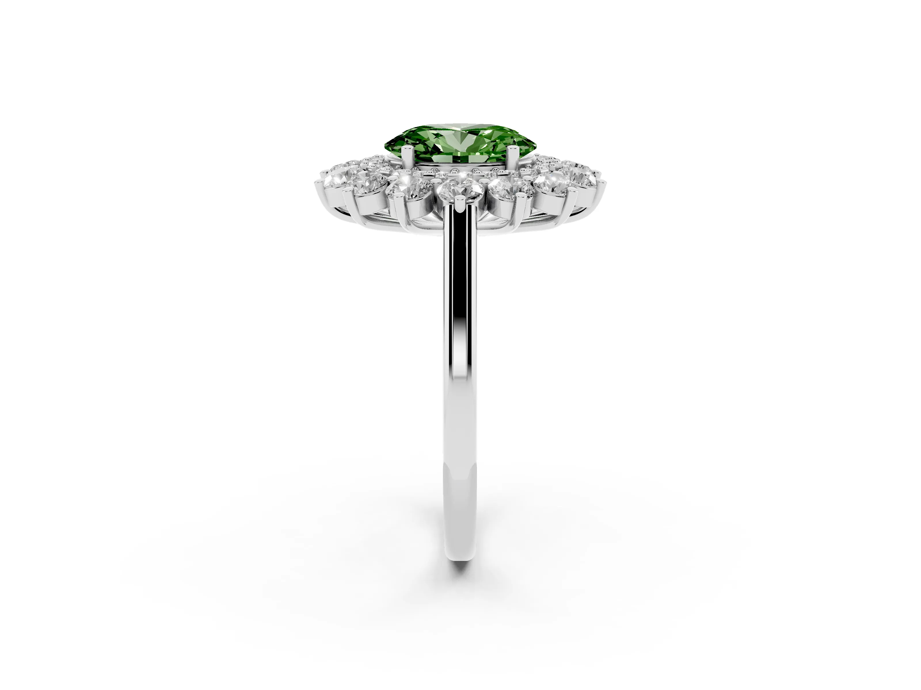 Fancy Green Oval Cut Diamond Floral Double Halo Ring Set in Silver with Round Petals