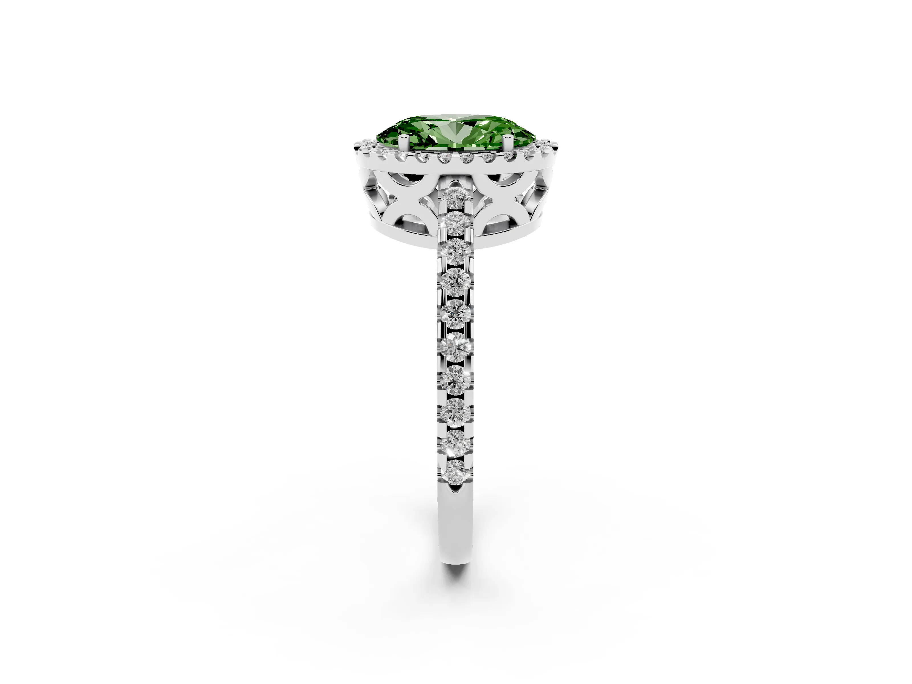 Fancy Green Oval Cut Diamond Halo Ring Set in White gold with Pavé Shoulders and Halo-Framed Center