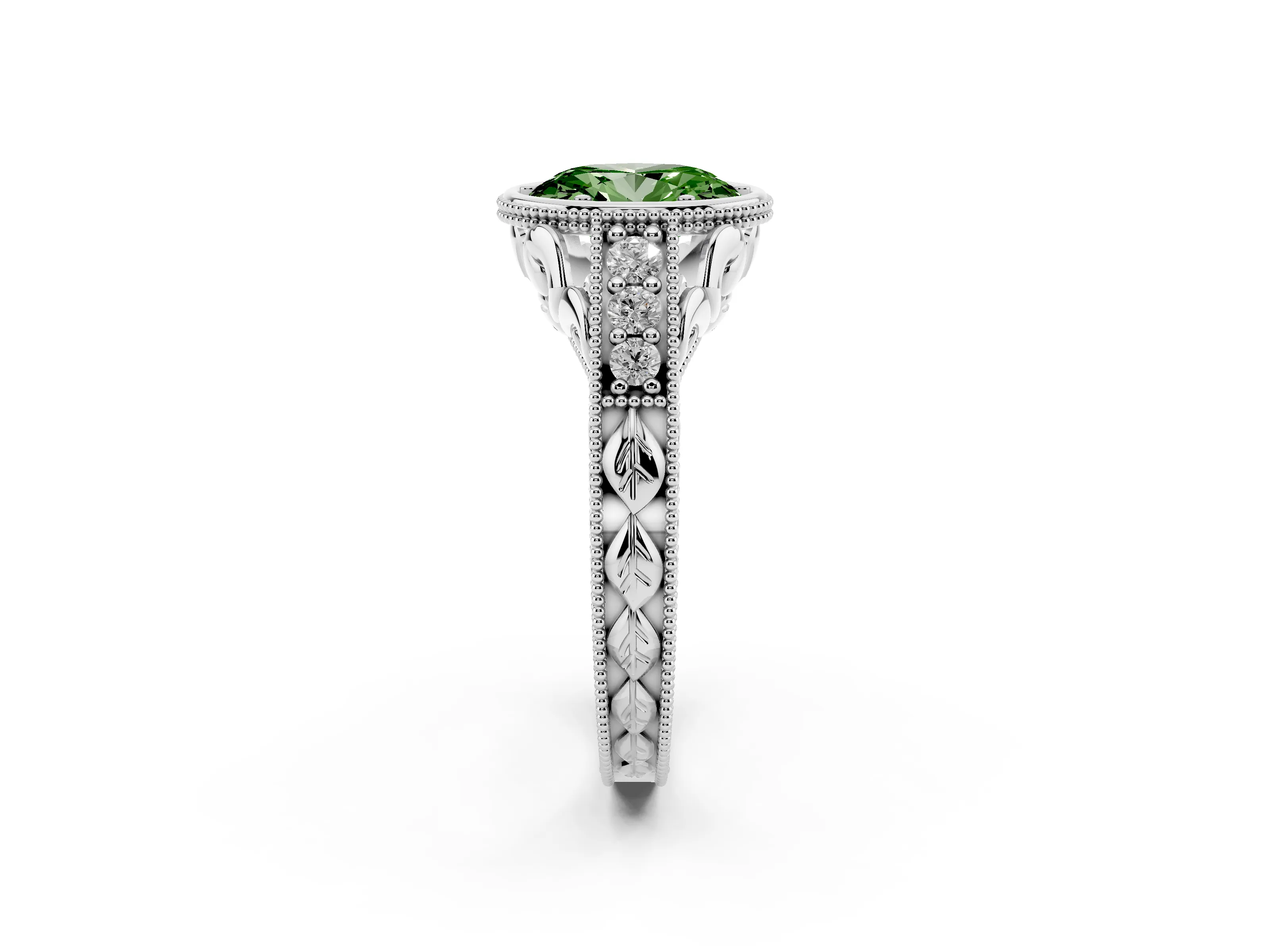 Fancy Green Bezel Set Oval Cut Diamond Milgrain Pavé Engagement Ring Set in Silver
