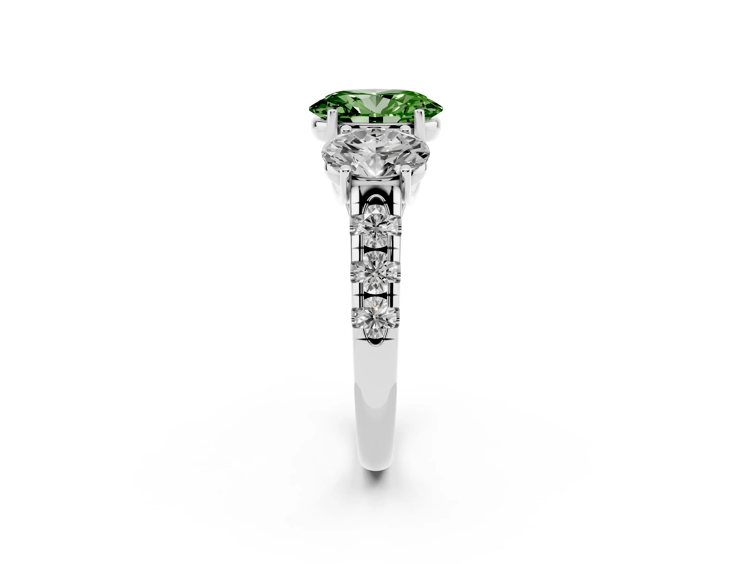 Fancy Green Oval Cut Diamond Three-Stone Ring Set in Silver with Pavé Band