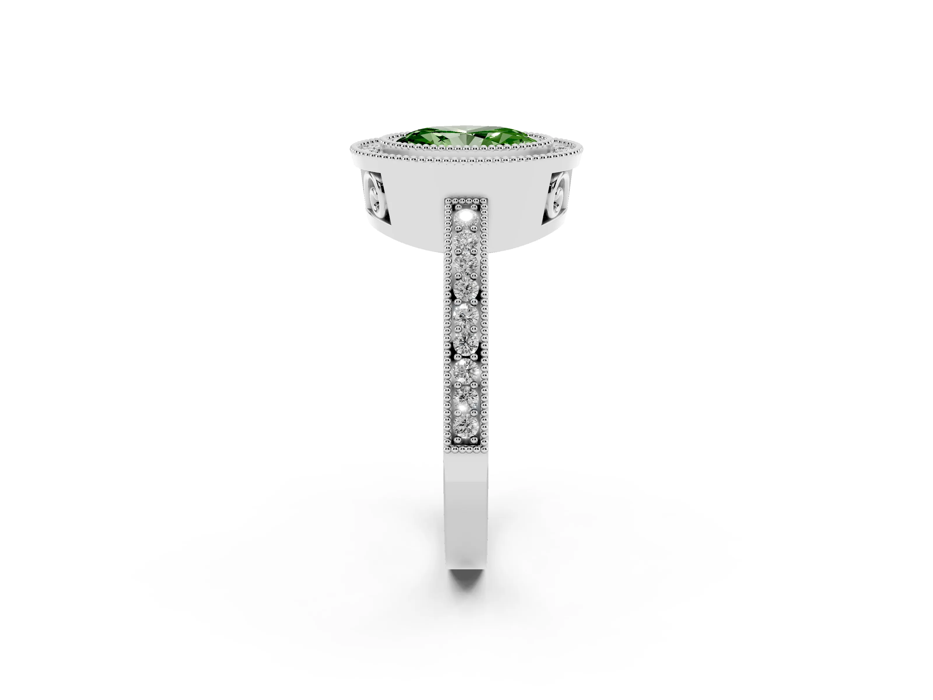 Fancy Green Oval Cut Diamond Round Halo Ring Set in White gold with Pavé Band