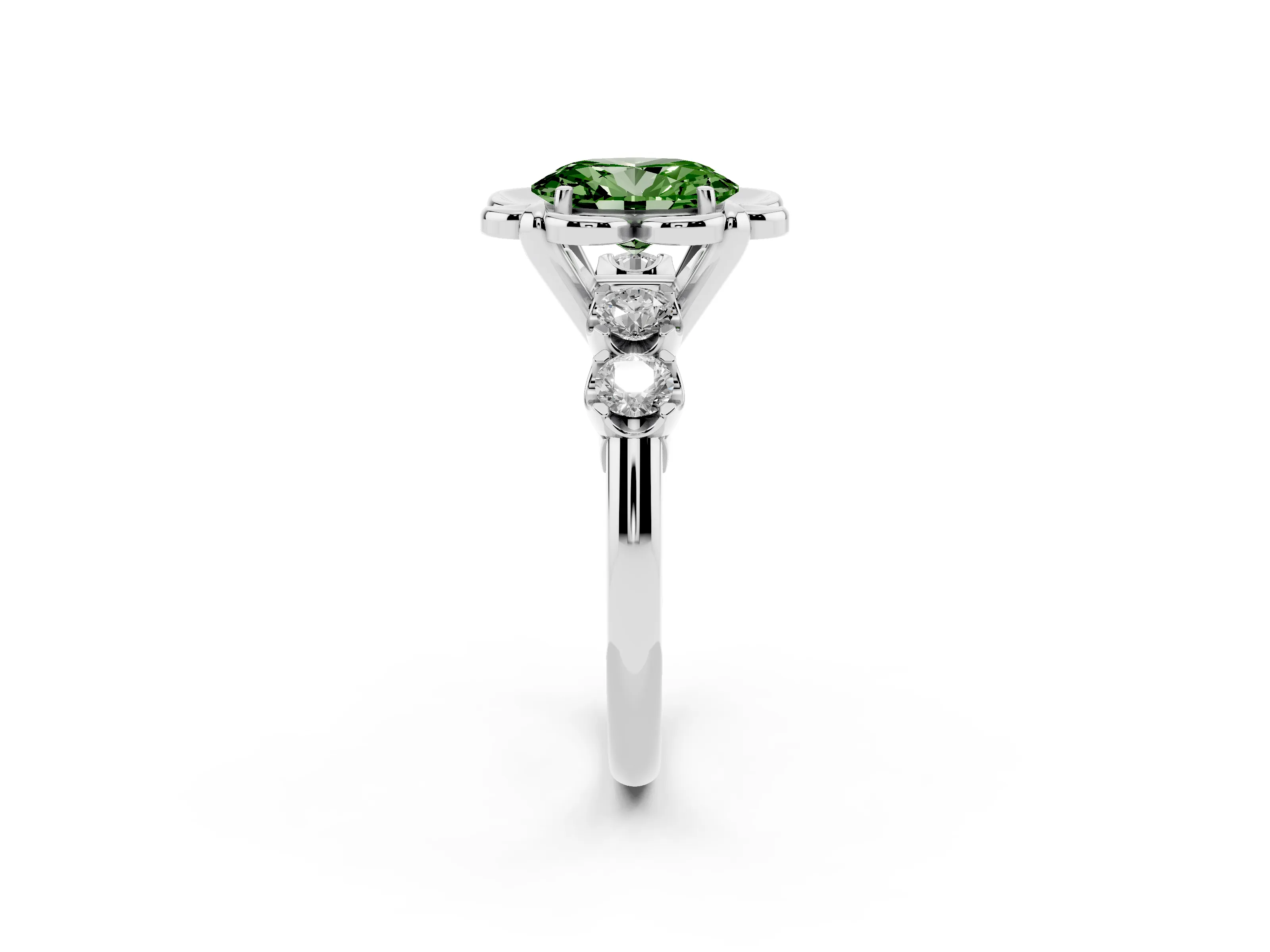 Fancy Green Oval Cut Diamond Floral Halo Ring Set in Platinum with Shared Prong Band