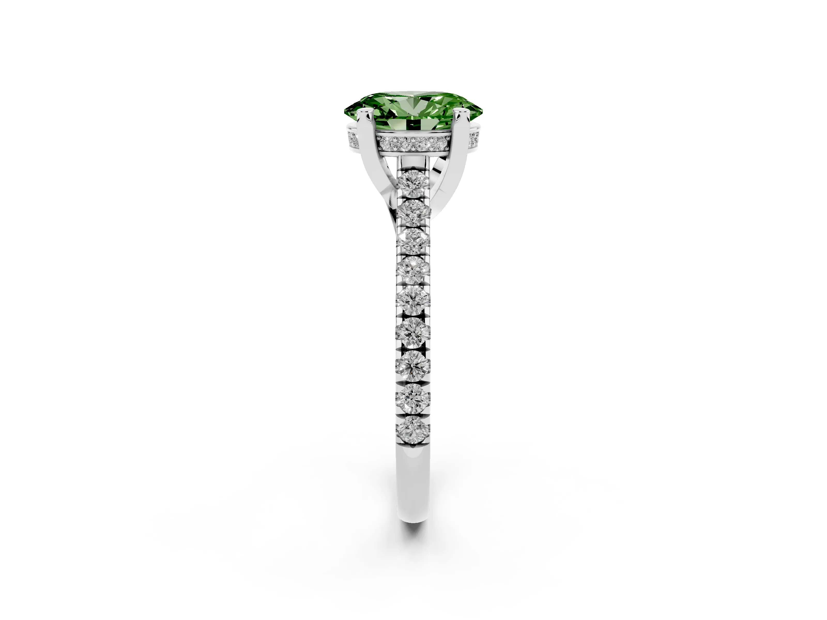 Fancy Green Oval Cut Diamond Solitaire Ring Set in Silver with Brilliant Pavé Band and Prong Setting