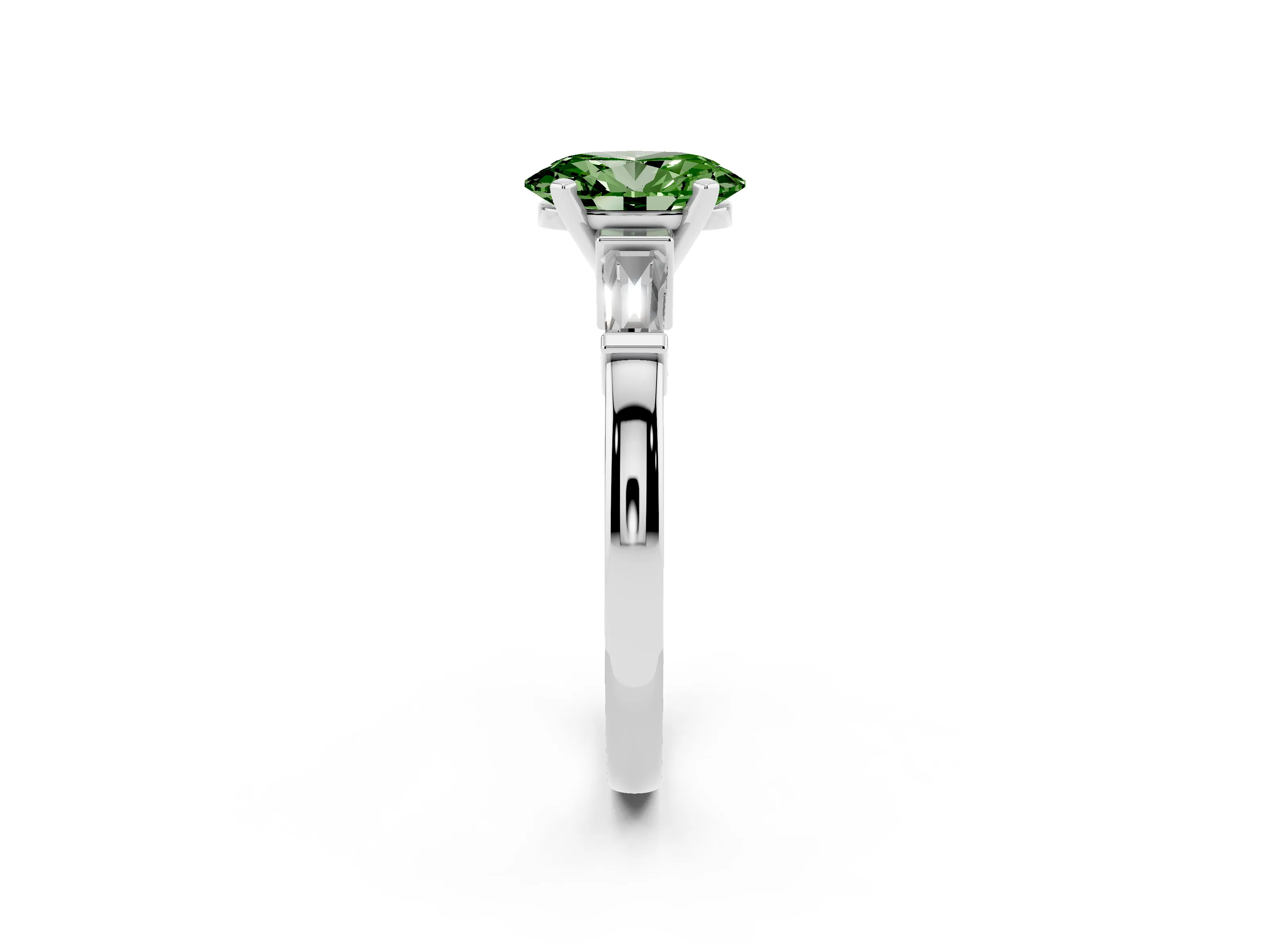 Fancy Green Oval Cut Diamond Solitaire Ring Set in Platinum with Tapered Baguette Accents and Prong Setting