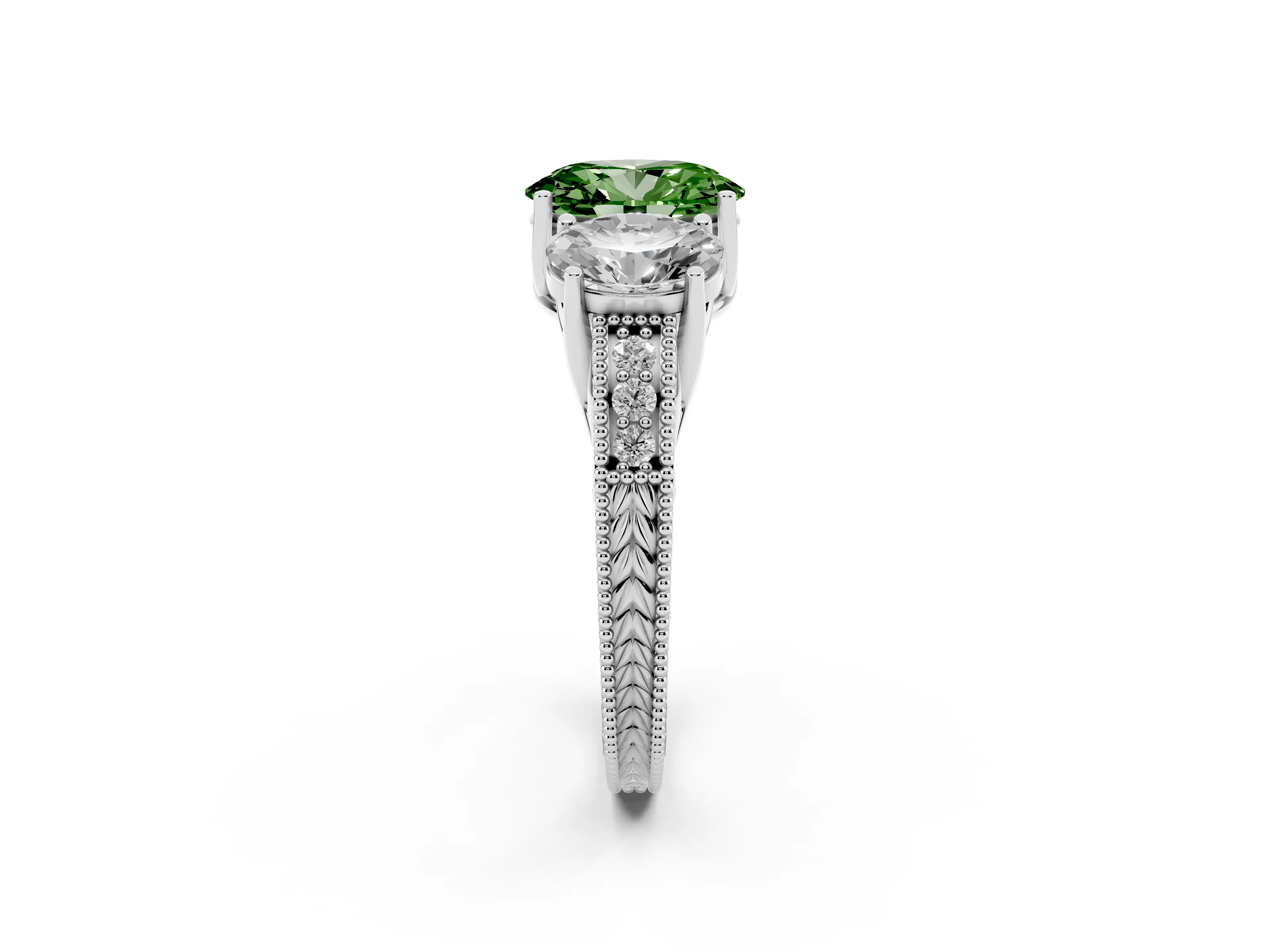 Fancy Green Oval Cut Diamond Three-Stone Engagement Ring Set in Silver with Milgrain Pavé Band