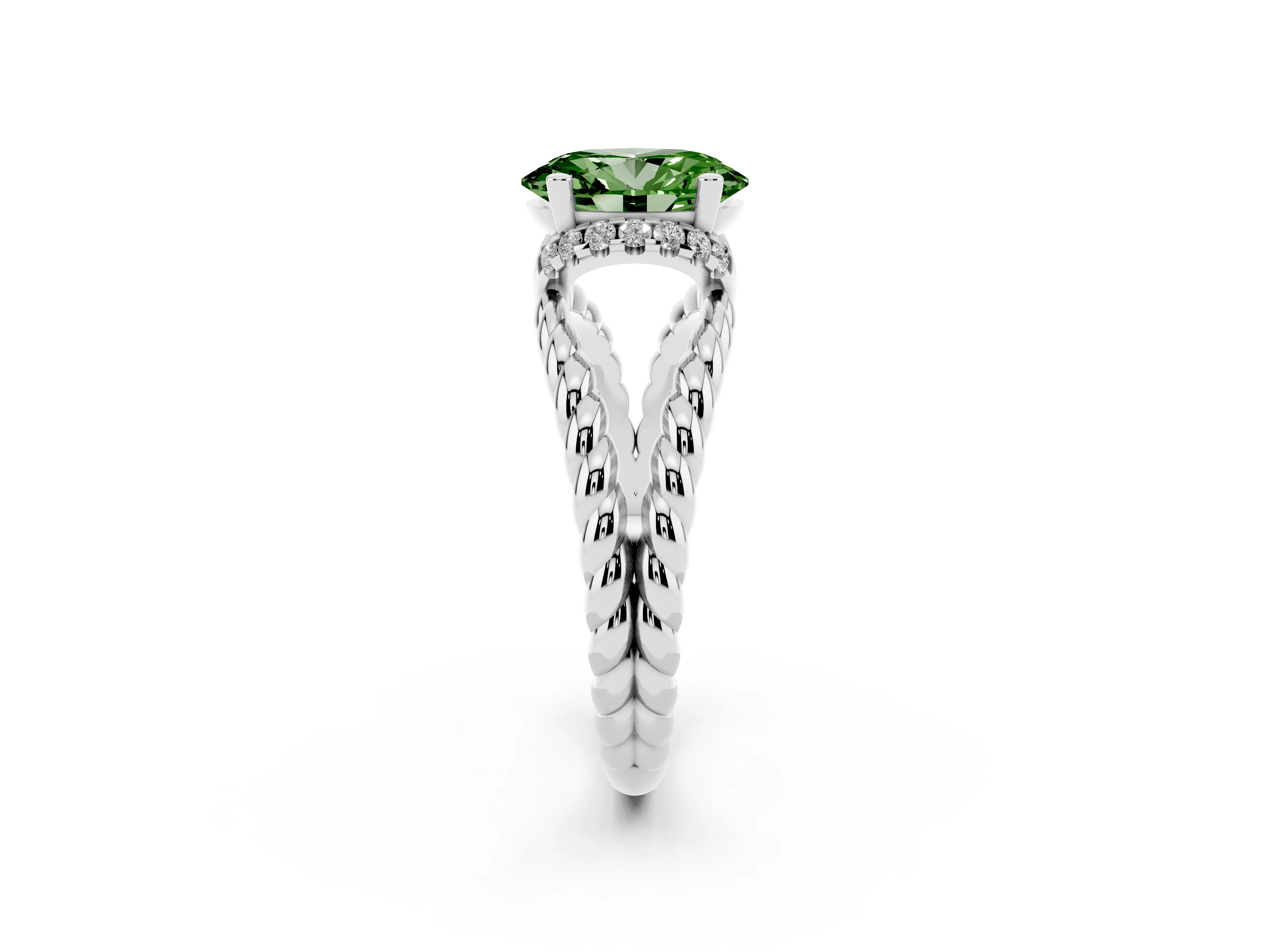 Fancy Green Oval Cut Diamond Halo Ring Set in Platinum with Twisted Band and Prong Setting