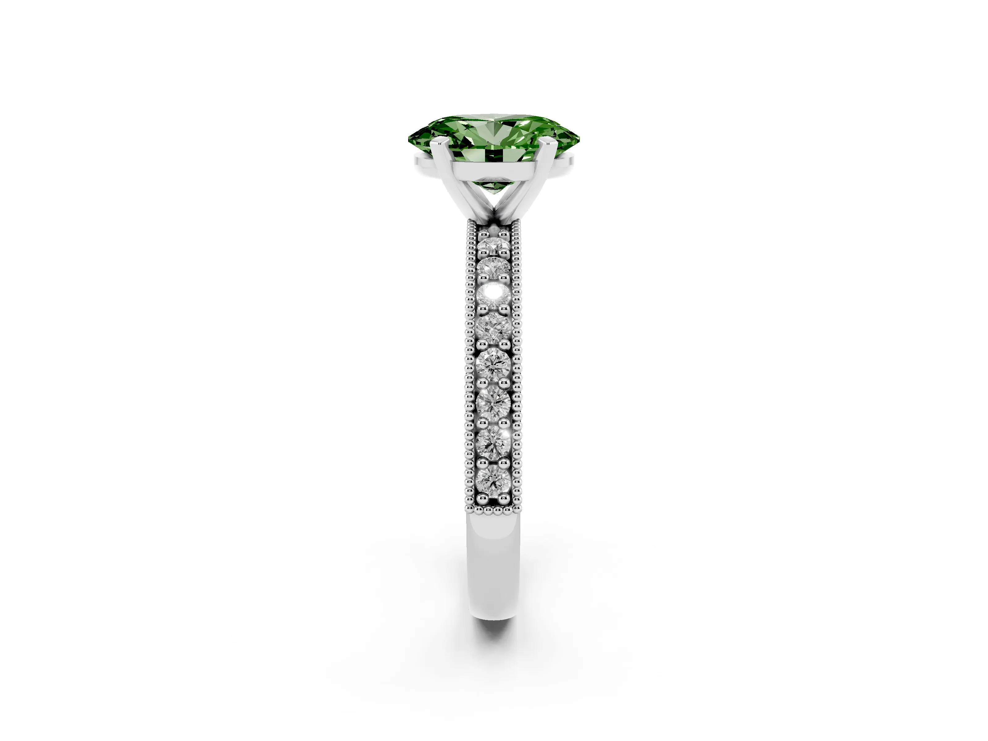 Fancy Green Oval Cut Diamond Milgrain Pavé Engagement Ring Set in Platinum with Prong Setting