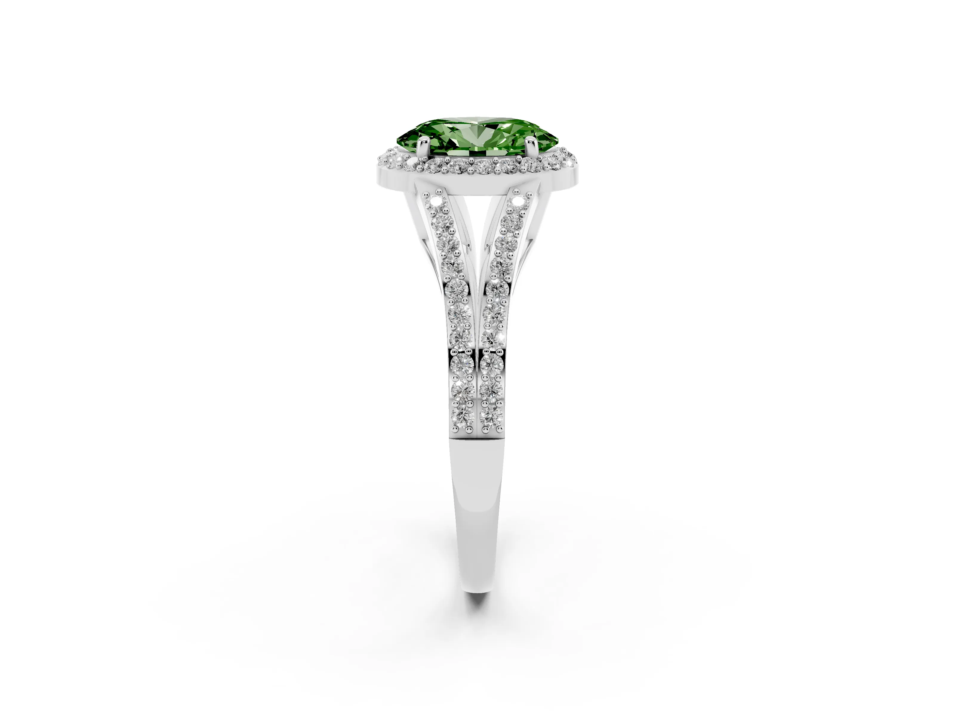 Fancy Green Oval Cut Diamond Halo Split Shank Ring Set in White gold with Accent Stones and Prong Setting