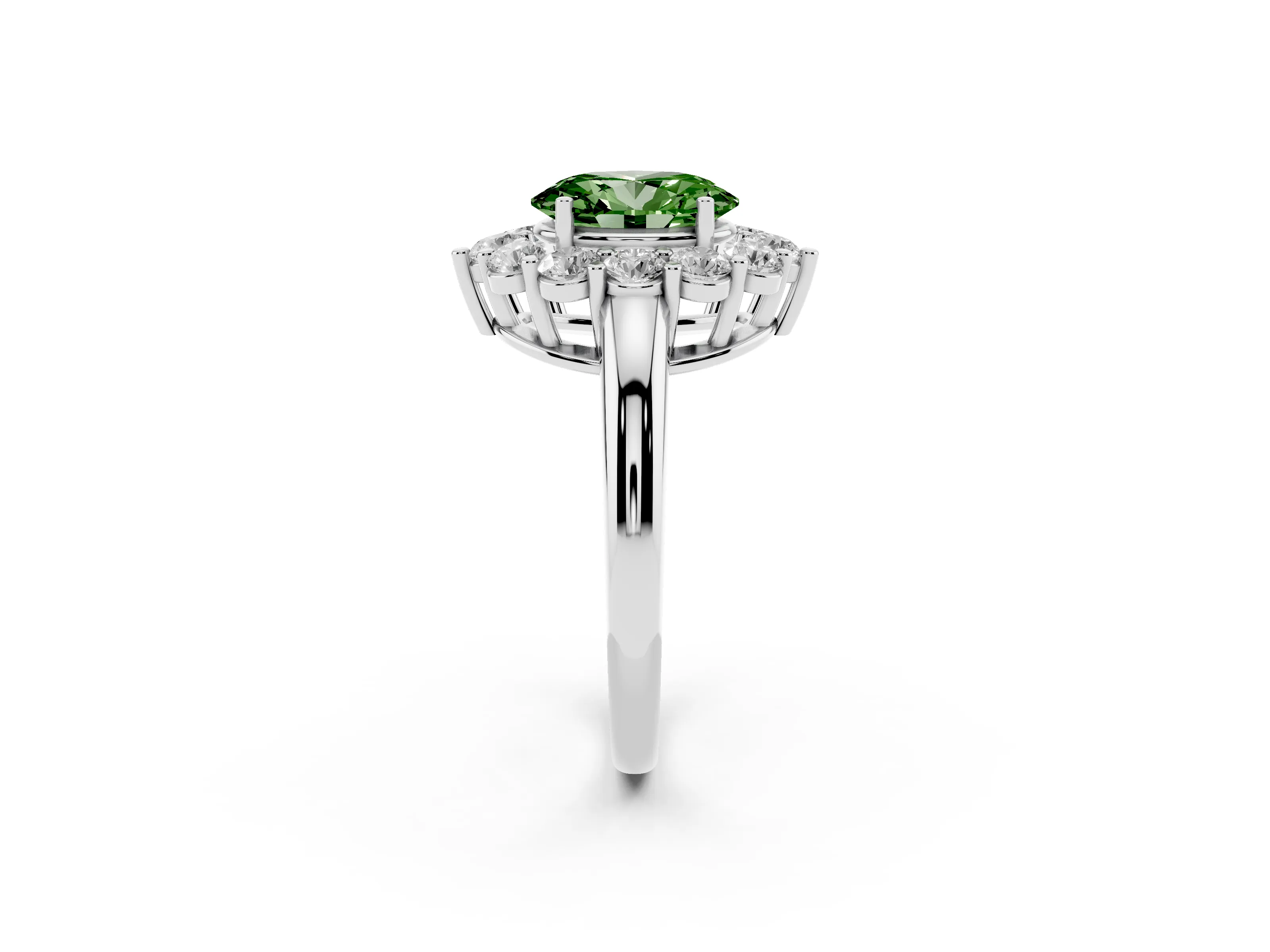 Fancy Green Oval Cut Diamond Halo Cluster Engagement Ring Set in Silver with Polished Band and Prong Setting
