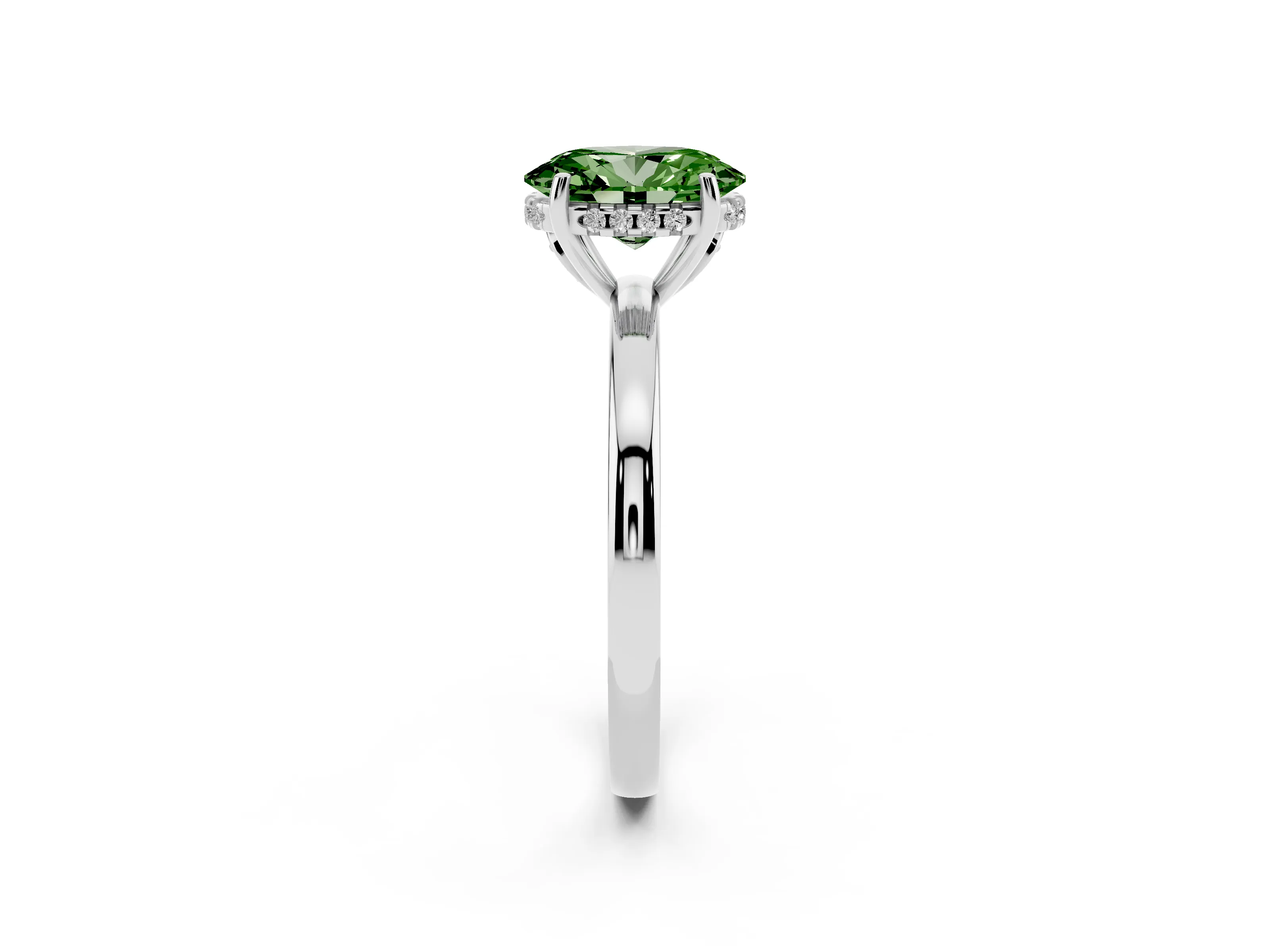 Fancy Green Oval Cut Diamond Solitaire Ring Set in Silver with Plain Band and Prong Setting