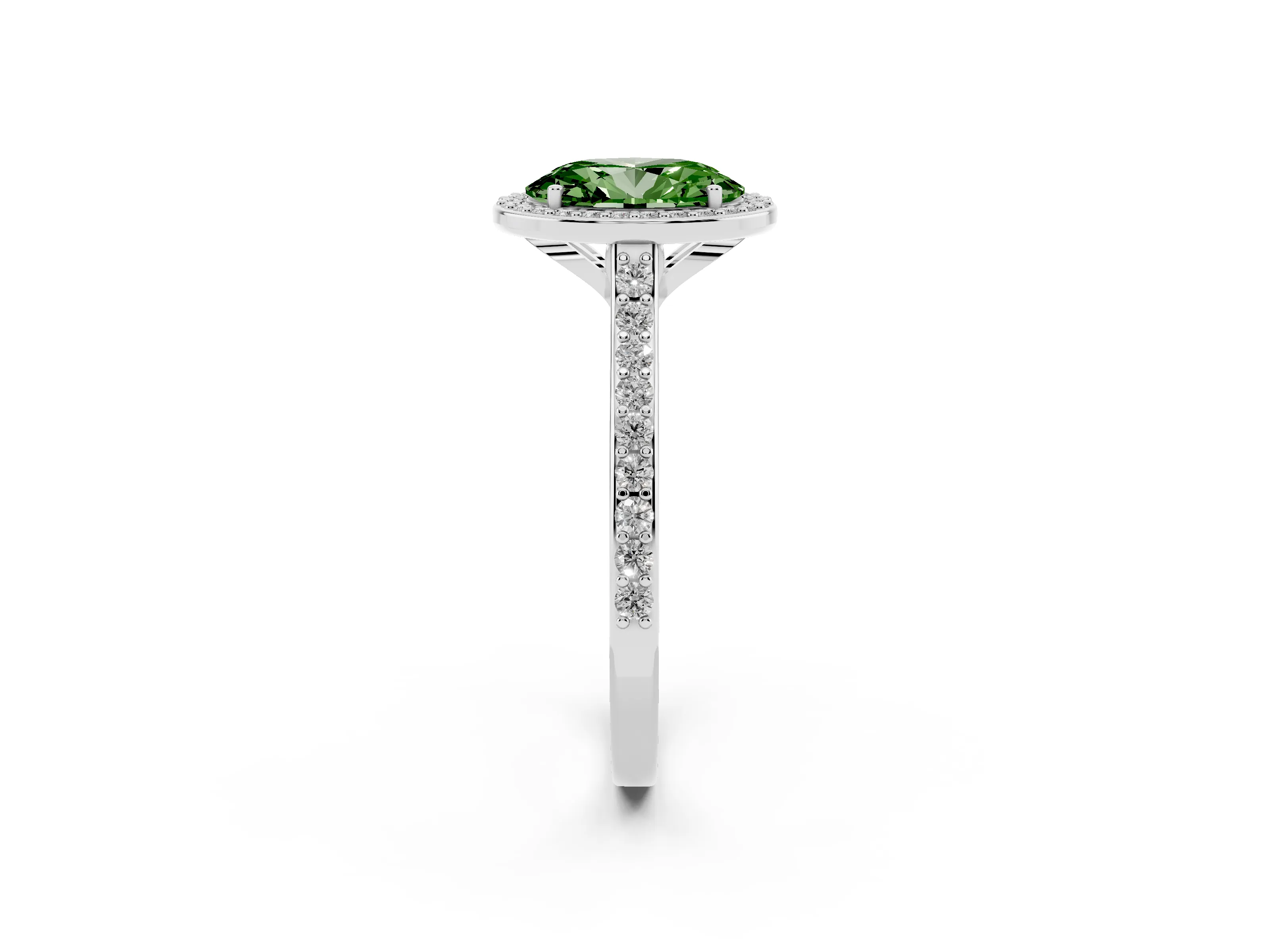 Fancy Green Oval Cut Diamond Halo Engagement Ring Set in White gold with Round Pavé Shoulders and Heart Gallery