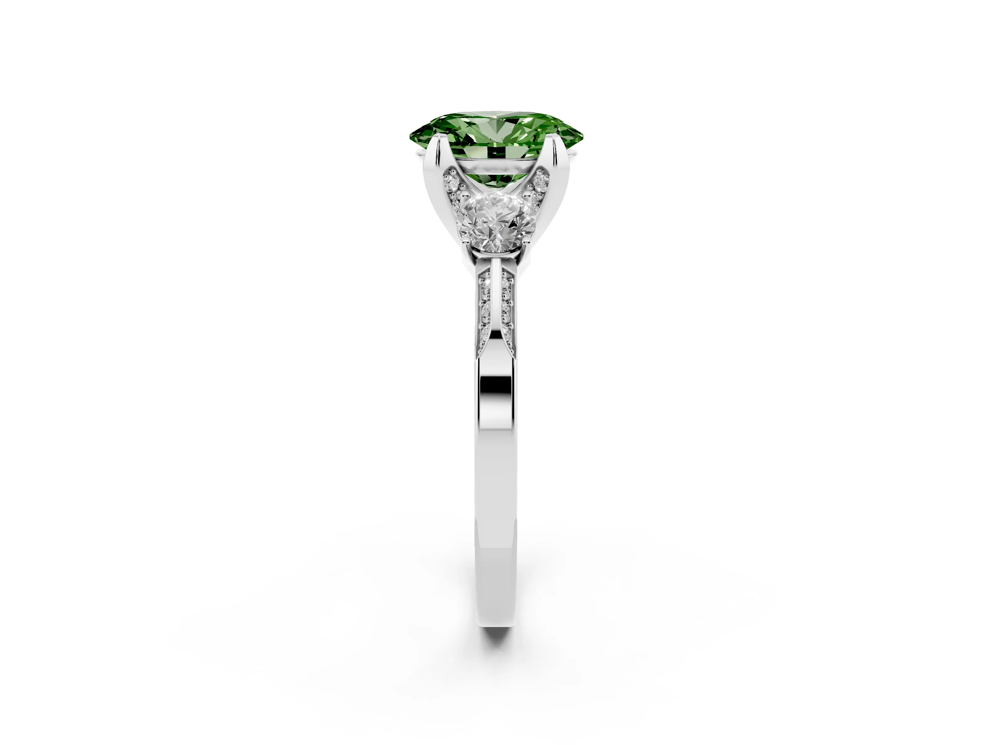 Fancy Green Oval Cut Diamond Three-Stone Ring Set in Silver with Pavé Band and Smaller Side Stones