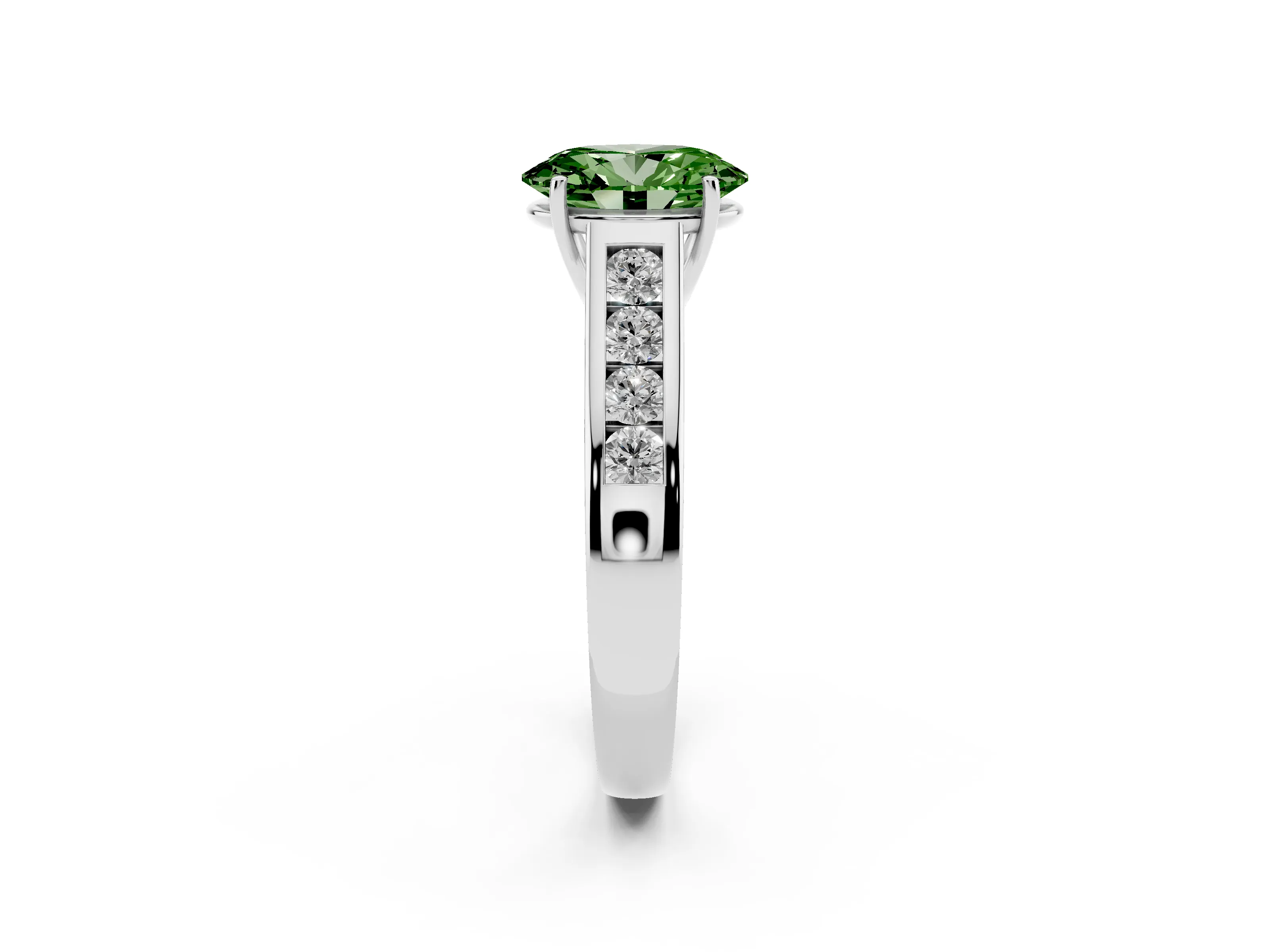 Fancy Green Oval Cut Diamond Solitaire Channel-Set Engagement Ring Set in Silver with Prong Setting