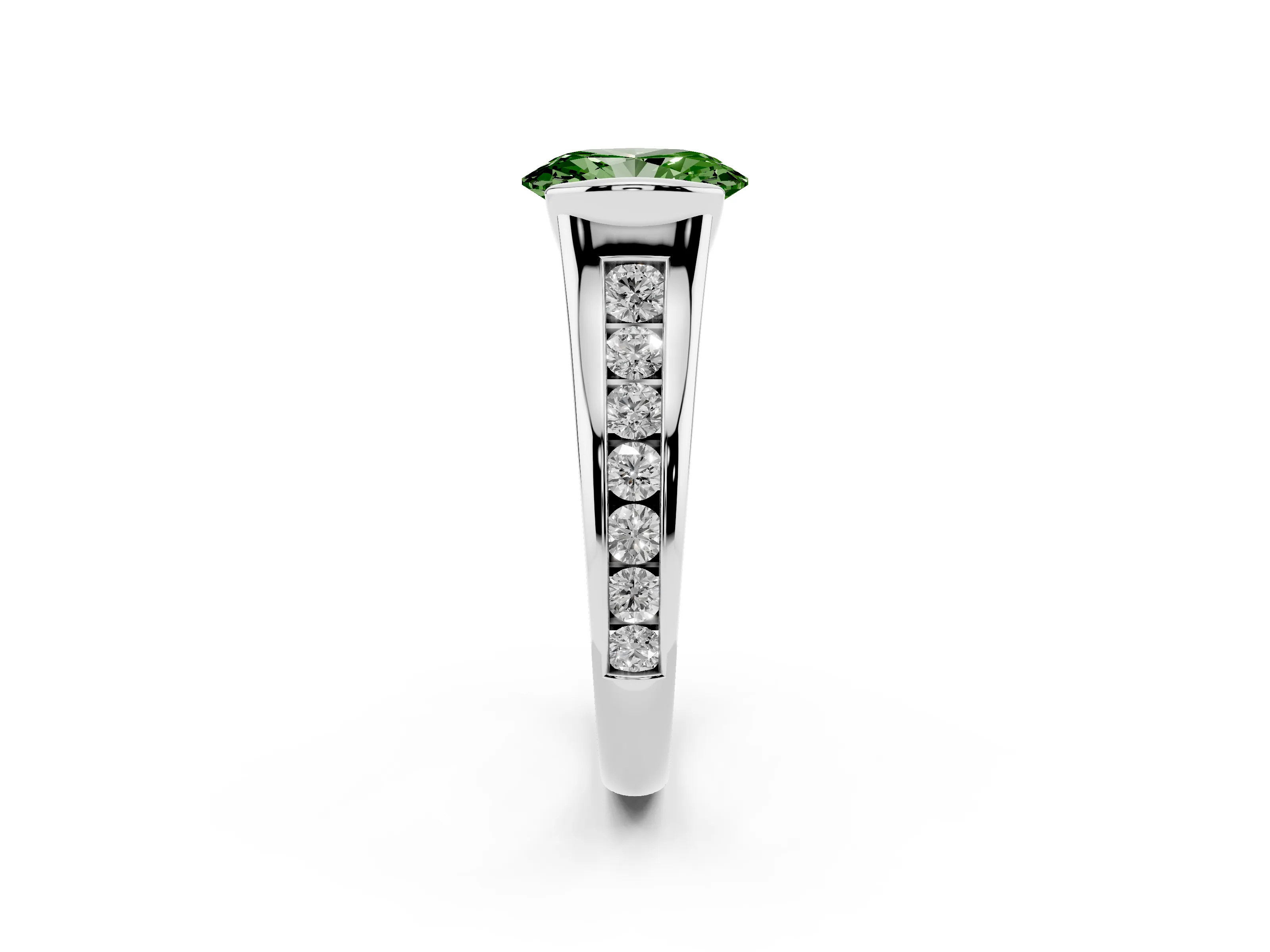 Fancy Green Oval Cut Diamond Bezel-Set Solitaire Ring Set in Silver with Channel-Set Band