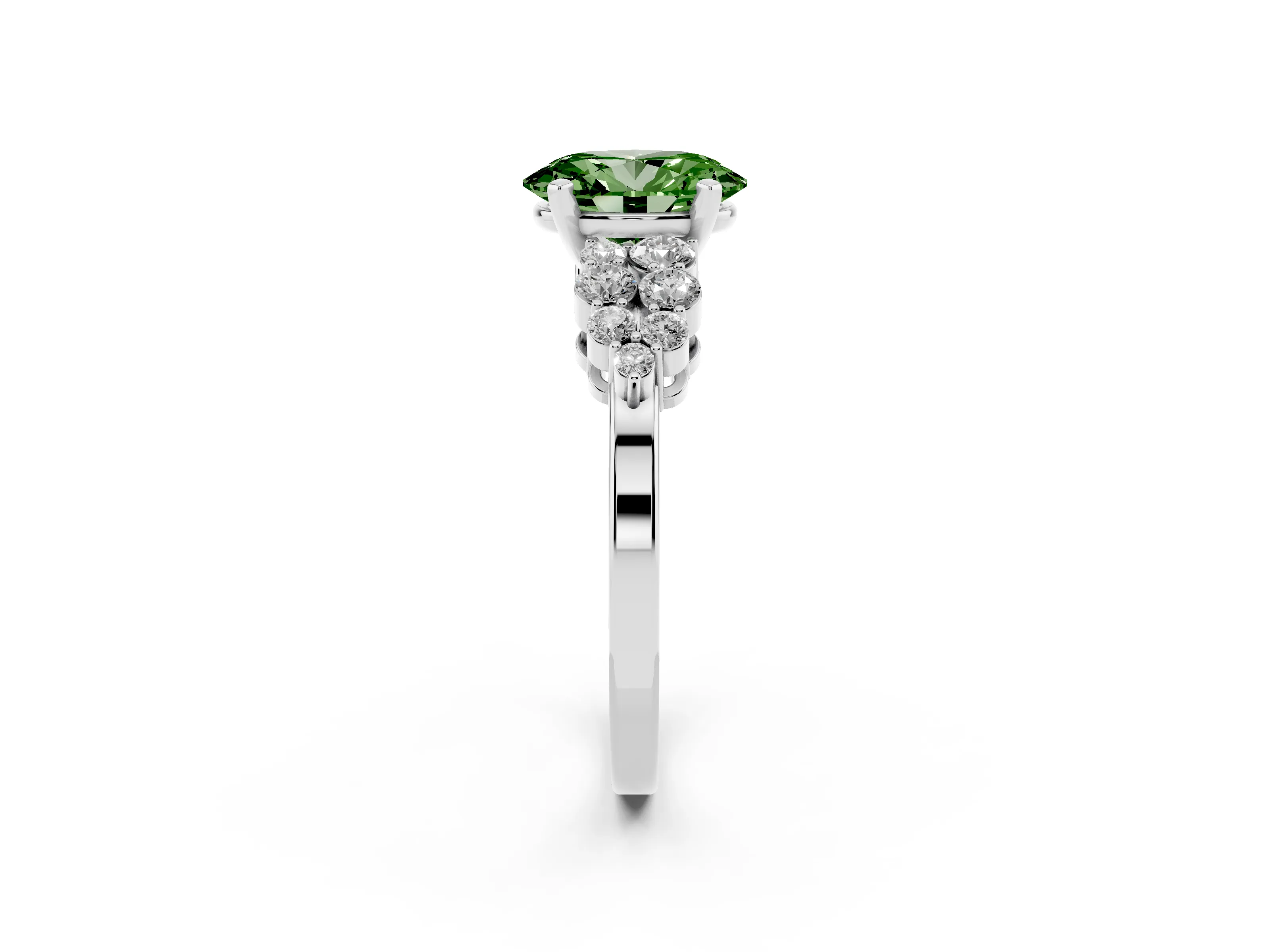 Fancy Green Oval Cut Diamond Cluster Engagement Ring Set in Platinum with Pavé Band and Prong Setting