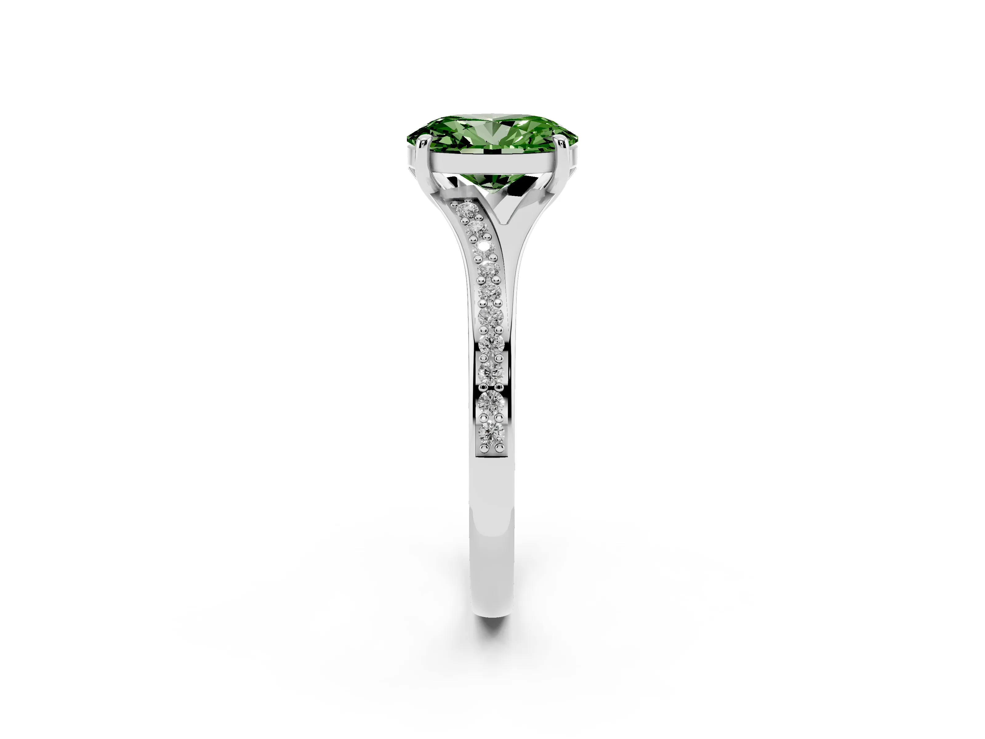Fancy Green Oval Cut Diamond Solitaire Ring Set in White gold with Pavé Accent Band and Classic Prong Setting