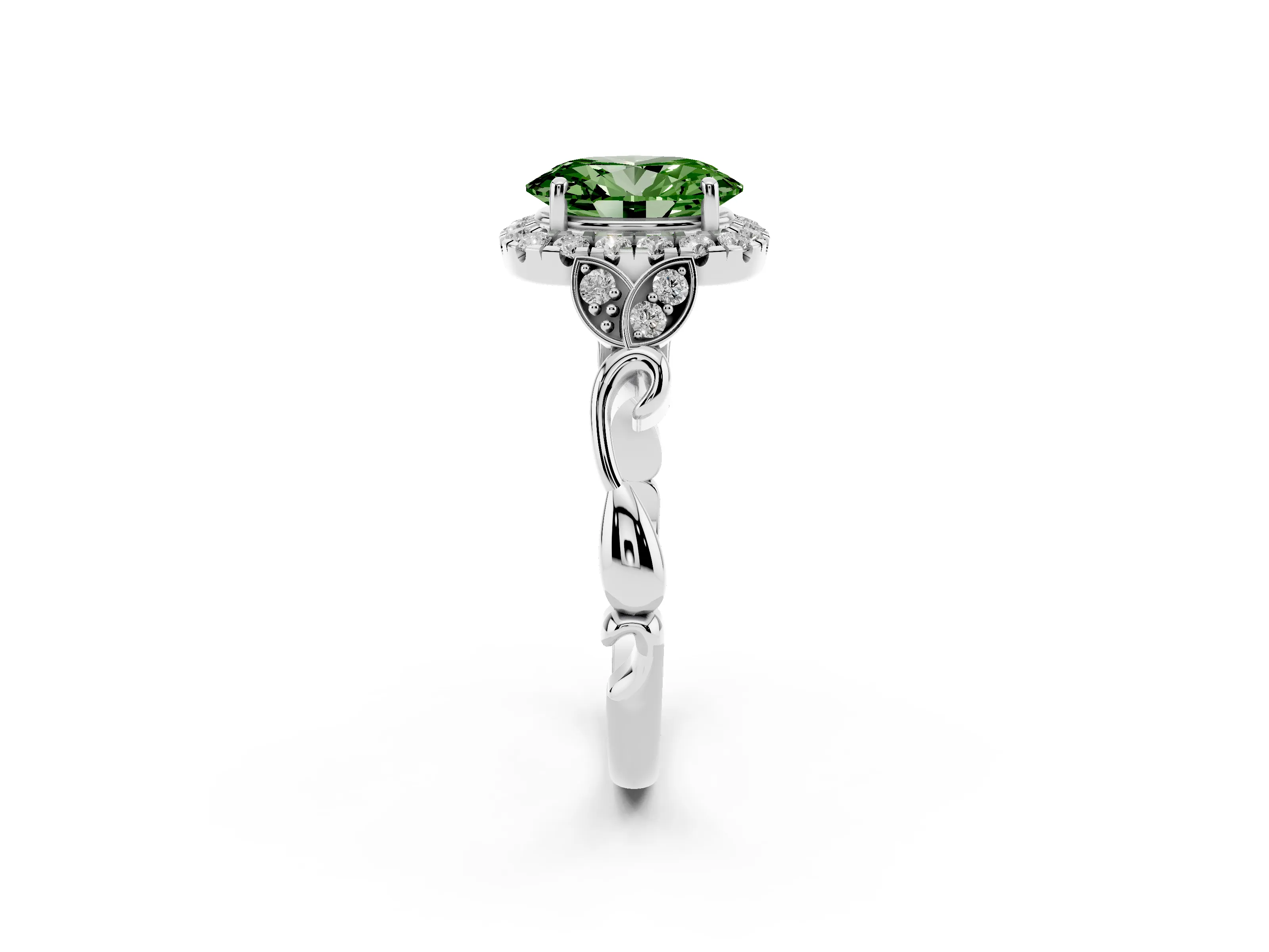 Fancy Green Oval Cut Diamond Halo Engagement Ring Set in Platinum with Vintage-Inspired Band and Prong Setting