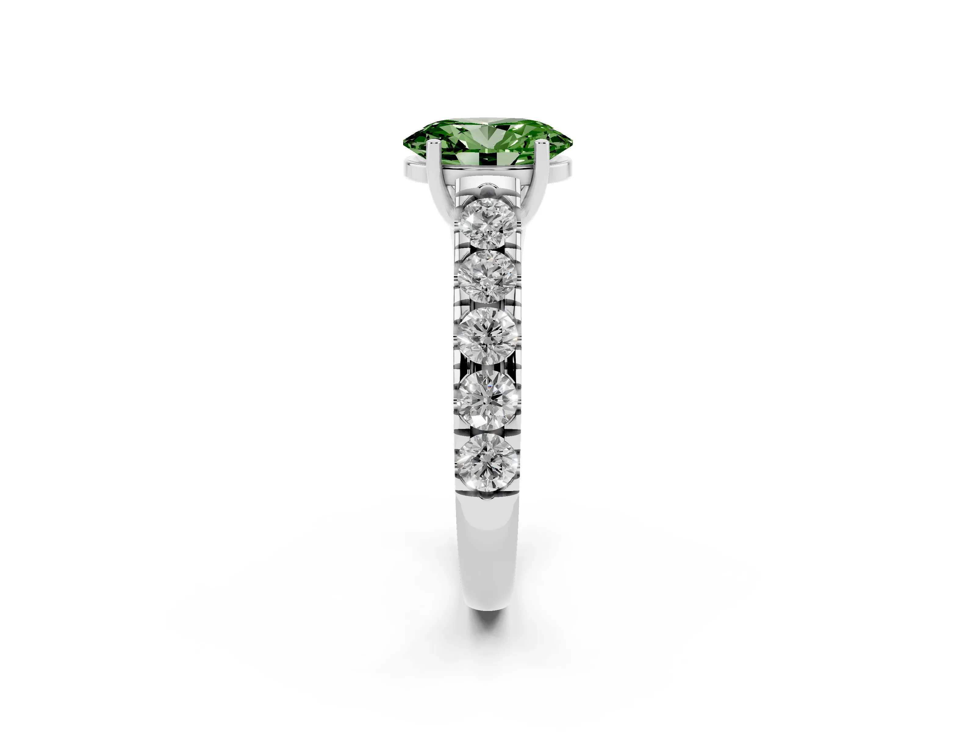 Fancy Green Oval Cut Diamond Solitaire Ring Set in Silver with Cut-Down Micro Pavé Band and Prong Setting