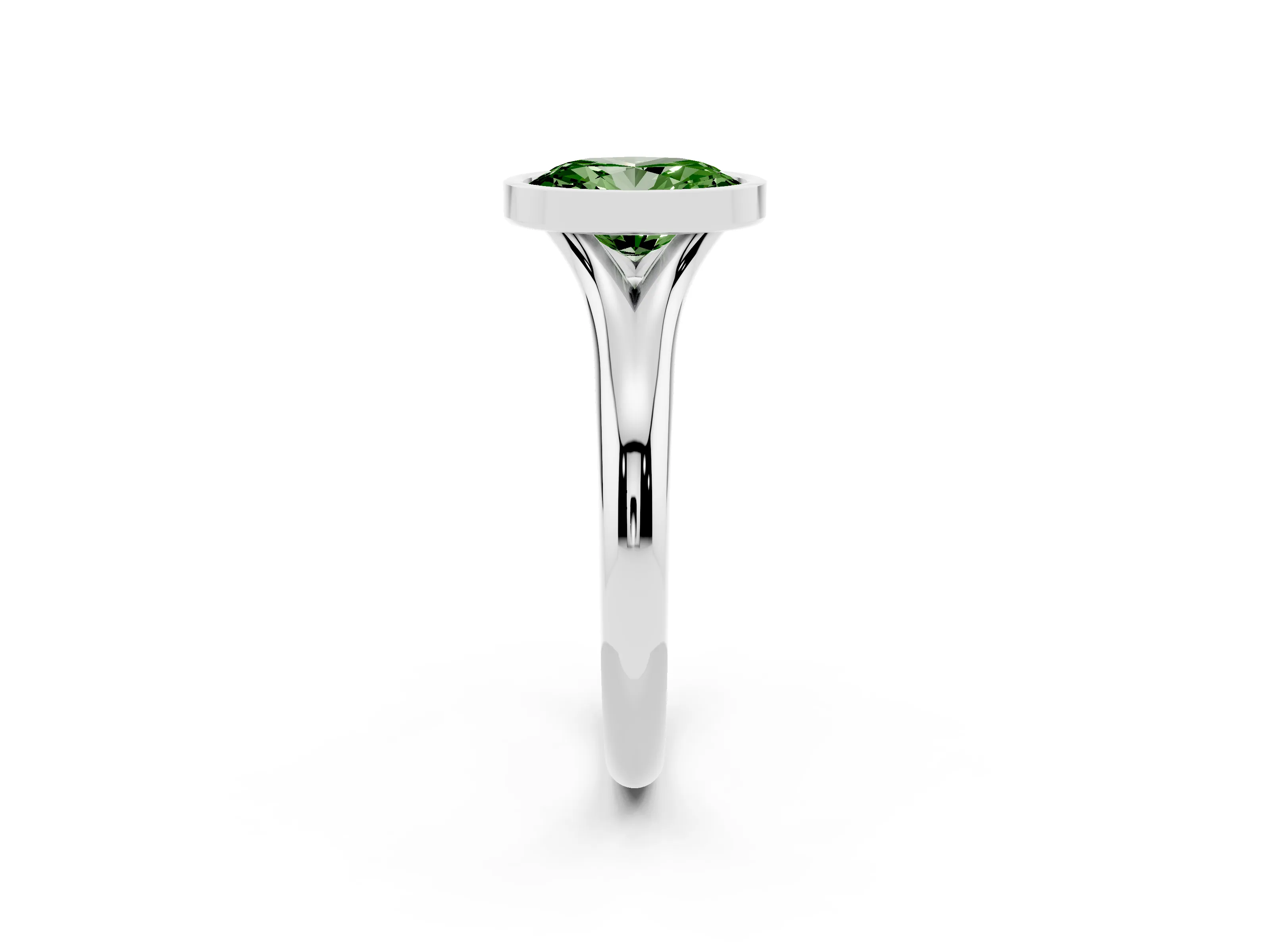 Fancy Green Bezel Set Oval Cut Diamond Solitaire Ring Set in Platinum with Smooth Band