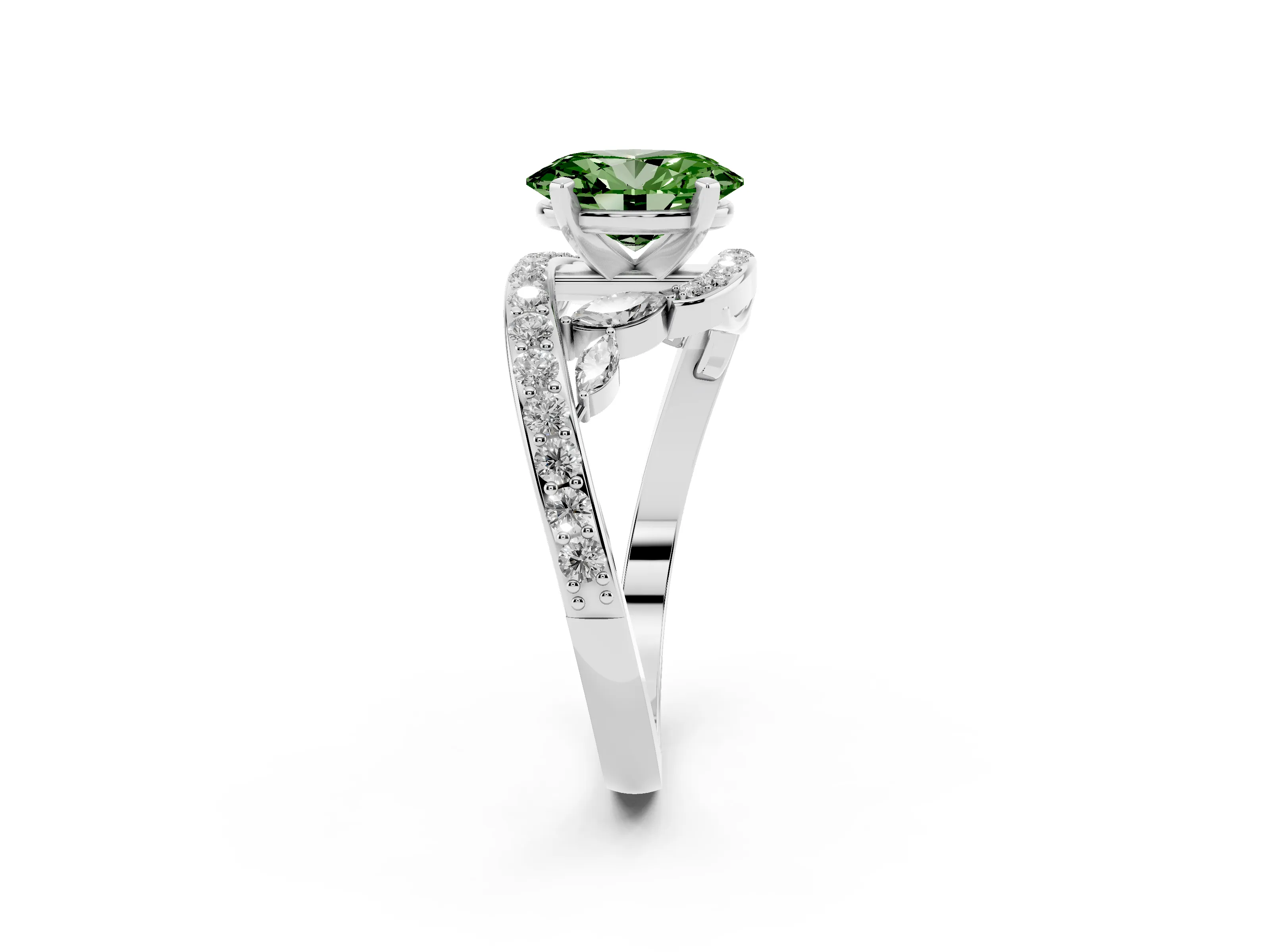 Fancy Green Oval Cut Diamond Solitaire Ring Set in Silver with Pavé Twist Band and Secure Prong Setting
