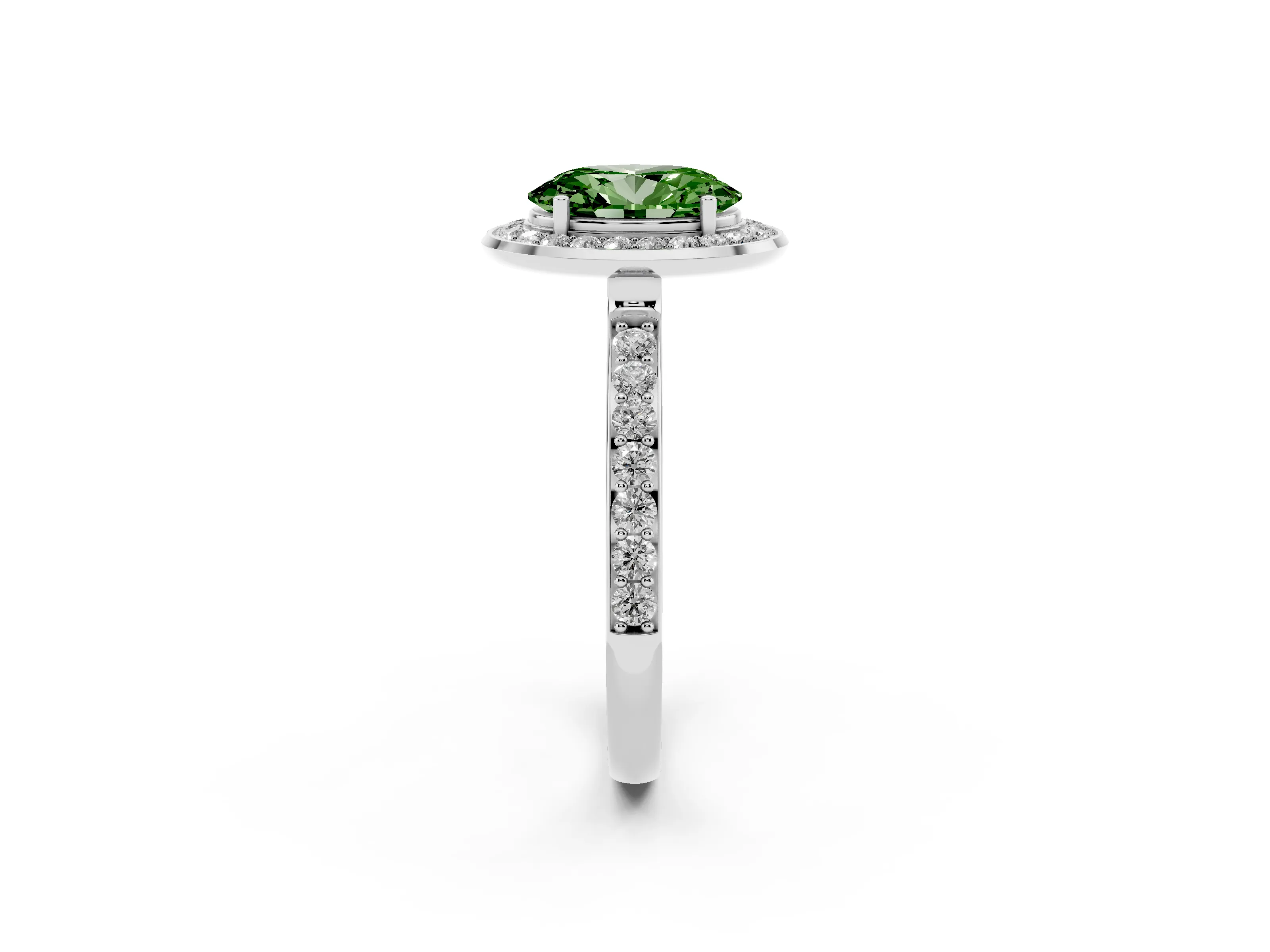 Fancy Green Oval Cut Diamond Halo Ring Set in Platinum with Bezel Frame and Pavé Band