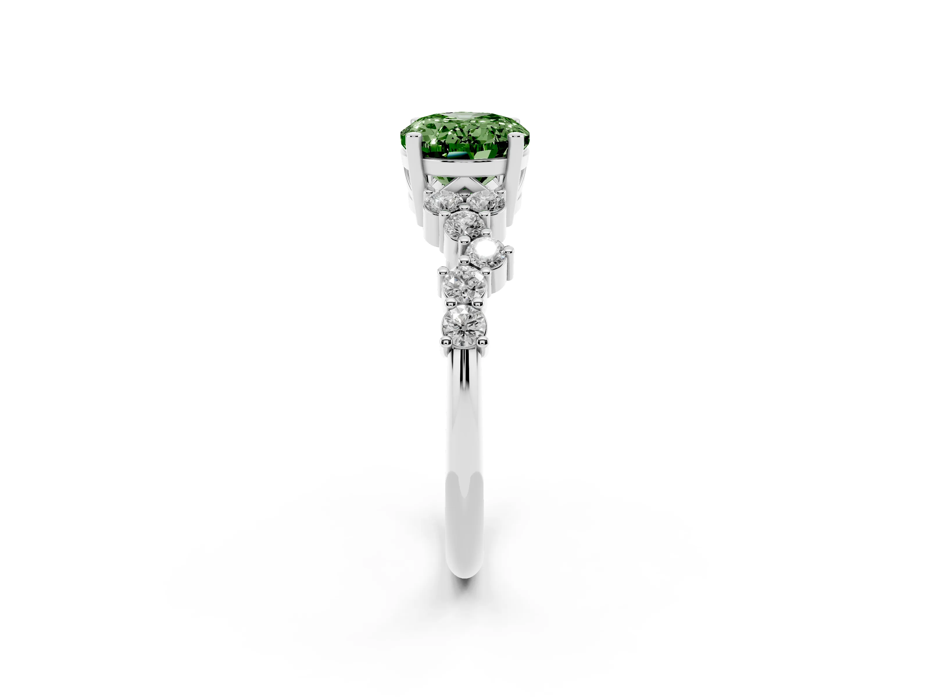 Fancy Green Oval Cut Diamond Ring Set in Silver with Scattered Round Accents