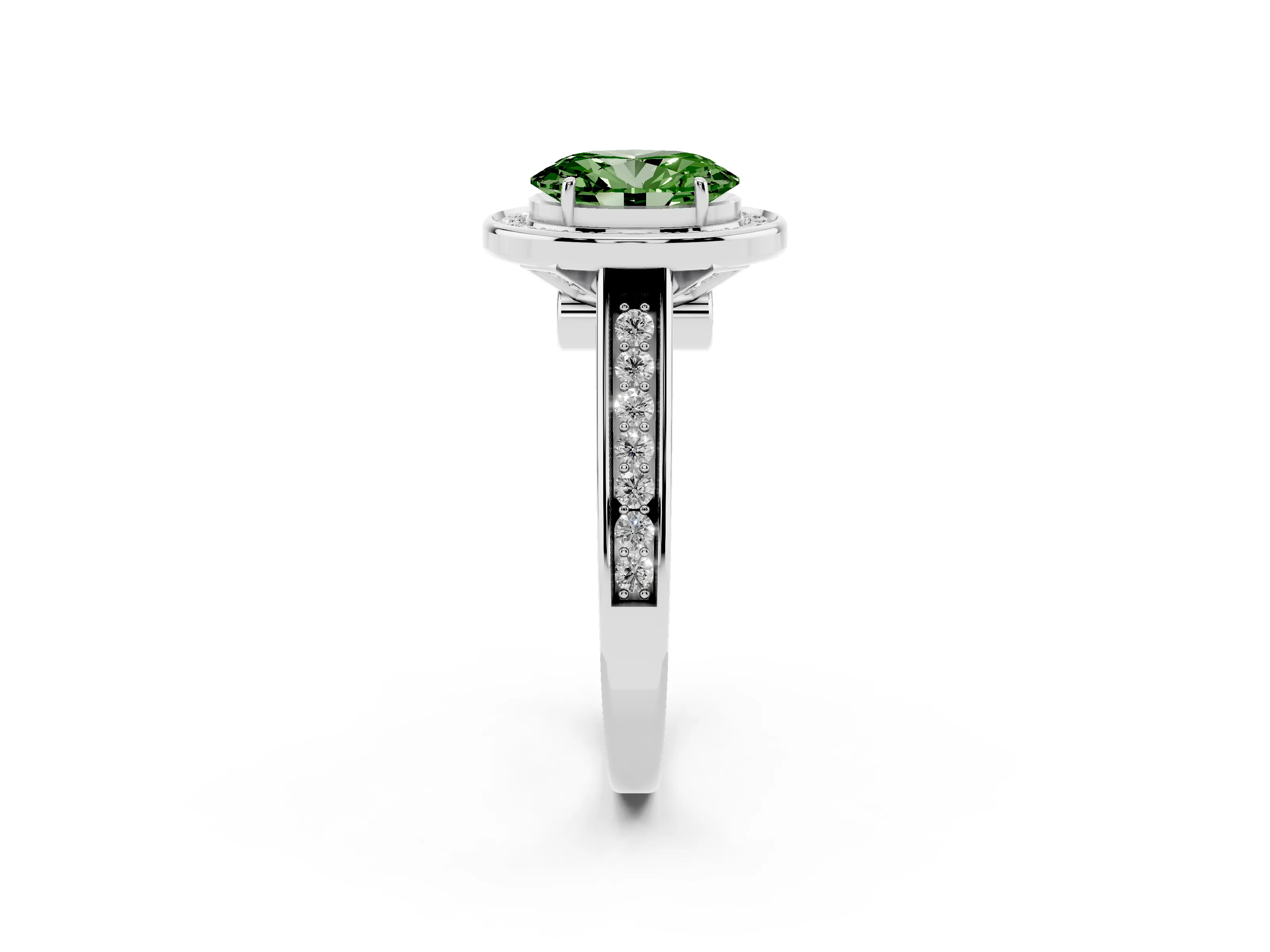 Fancy Green Oval Cut Diamond Halo Solitaire Ring Set in Platinum with Pavé Band and Bezel Setting