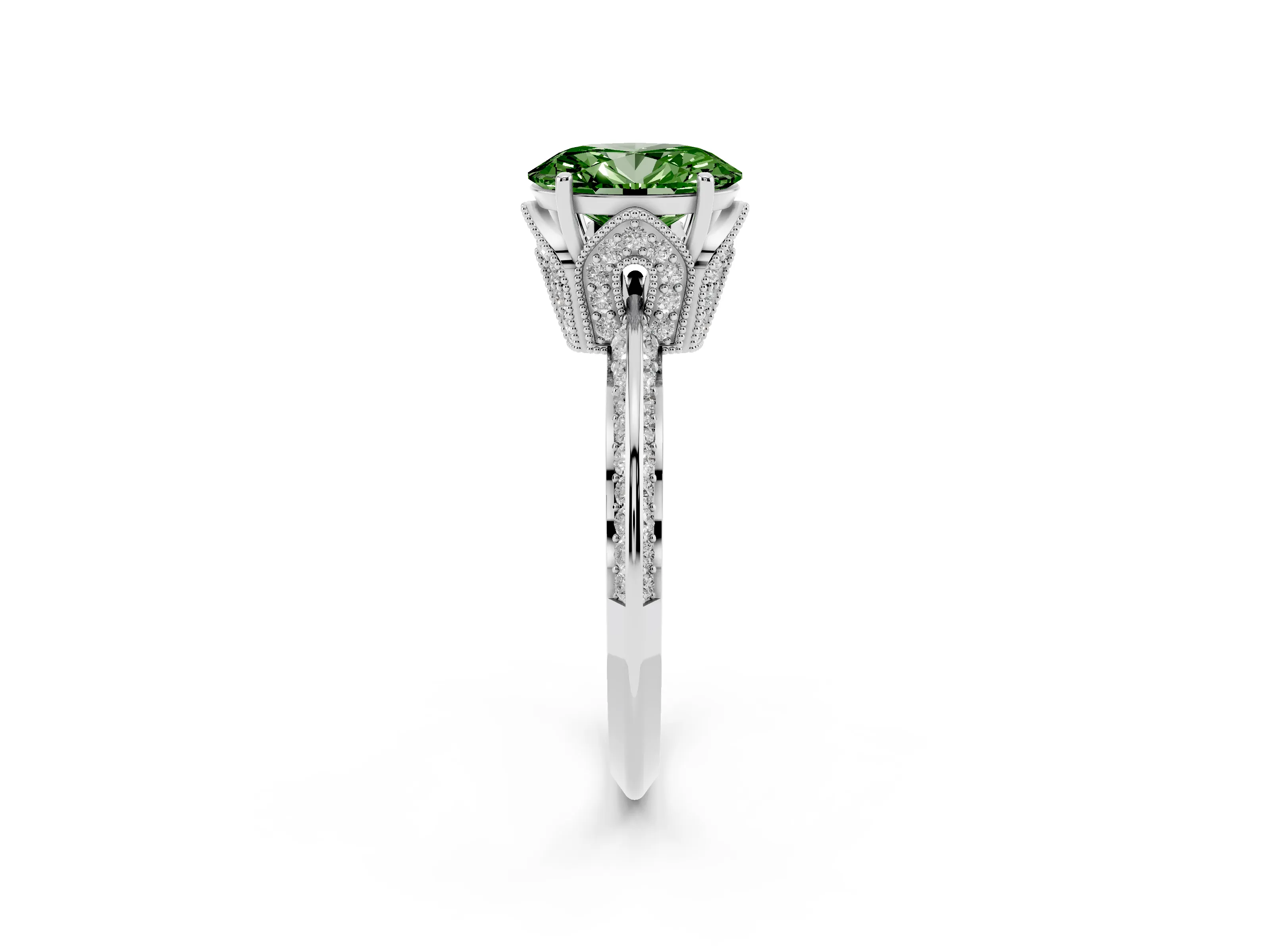 Fancy Green Oval Cut Diamond Solitaire Engagement Ring Set in Silver with Pavé Split Shank and Prong Setting