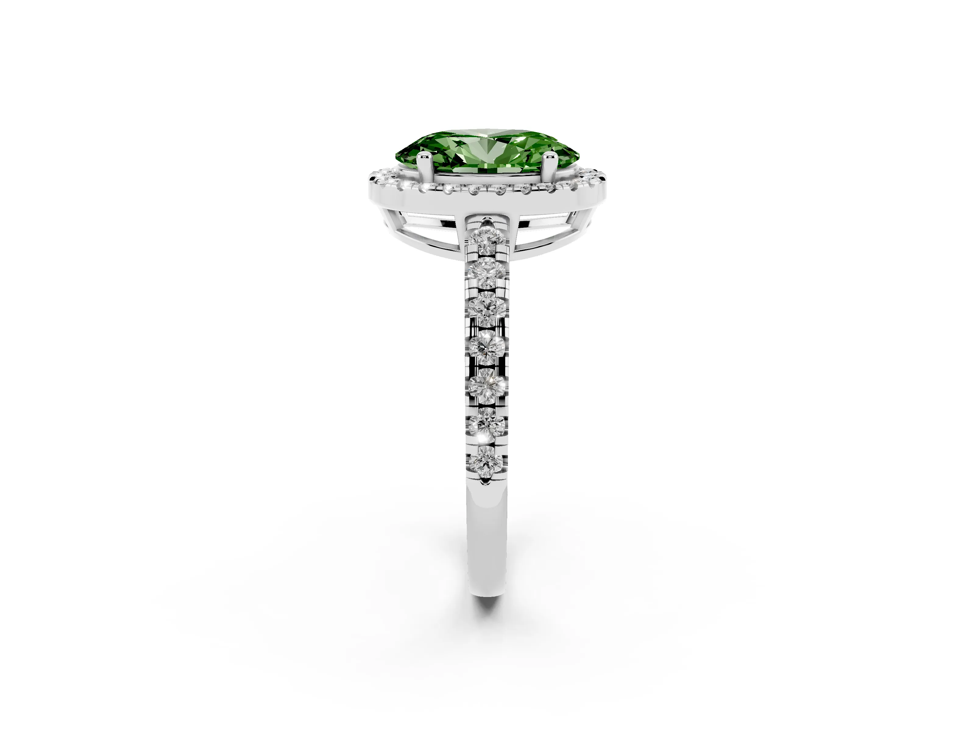 Fancy Green Oval Cut Diamond Halo Ring Set in White gold with Delicate Pavé Band and Prong Setting