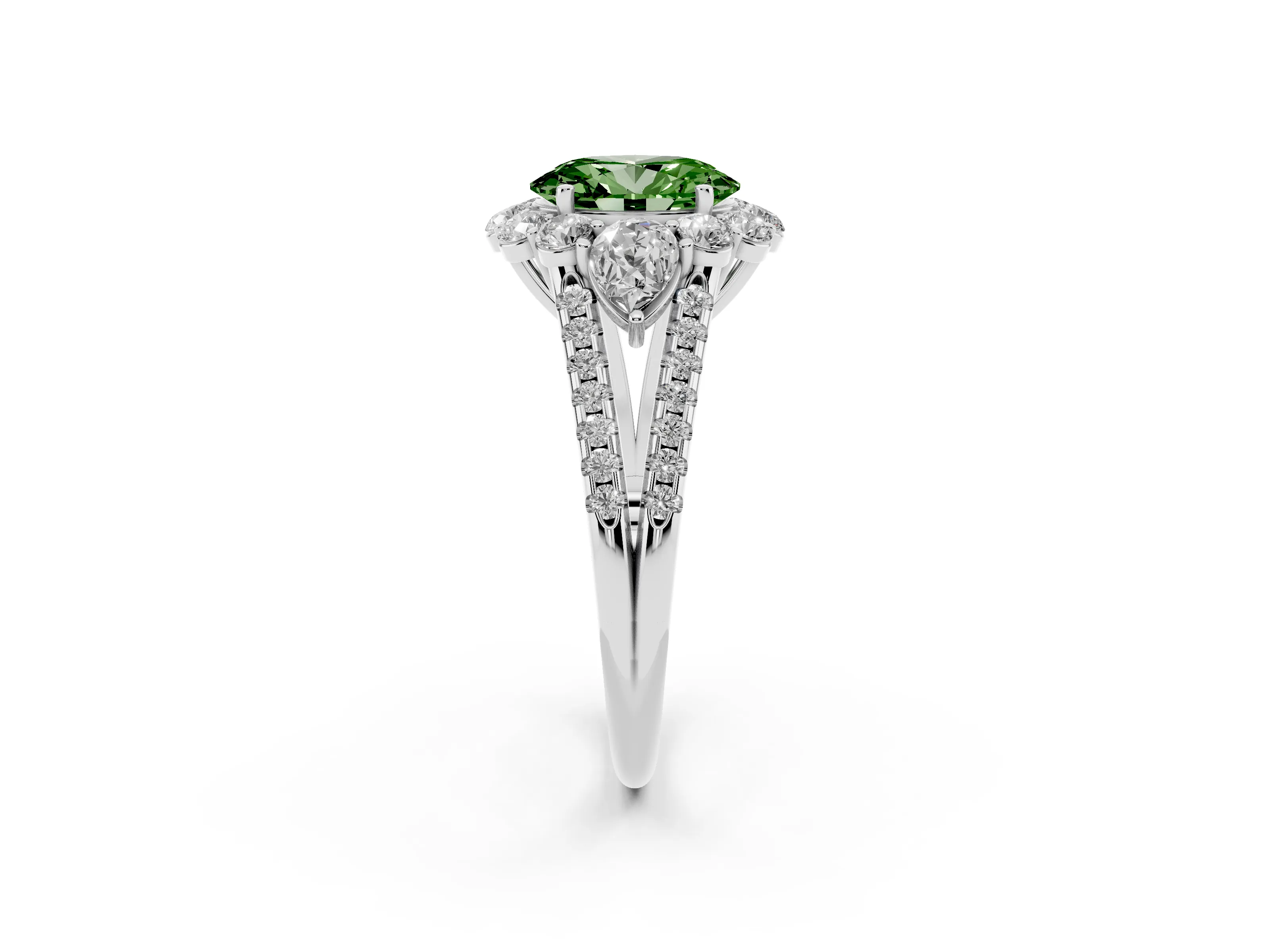 Fancy Green Oval Cut Diamond Halo Split Shank Engagement Ring Set in Platinum with Prong-Held Center Stone