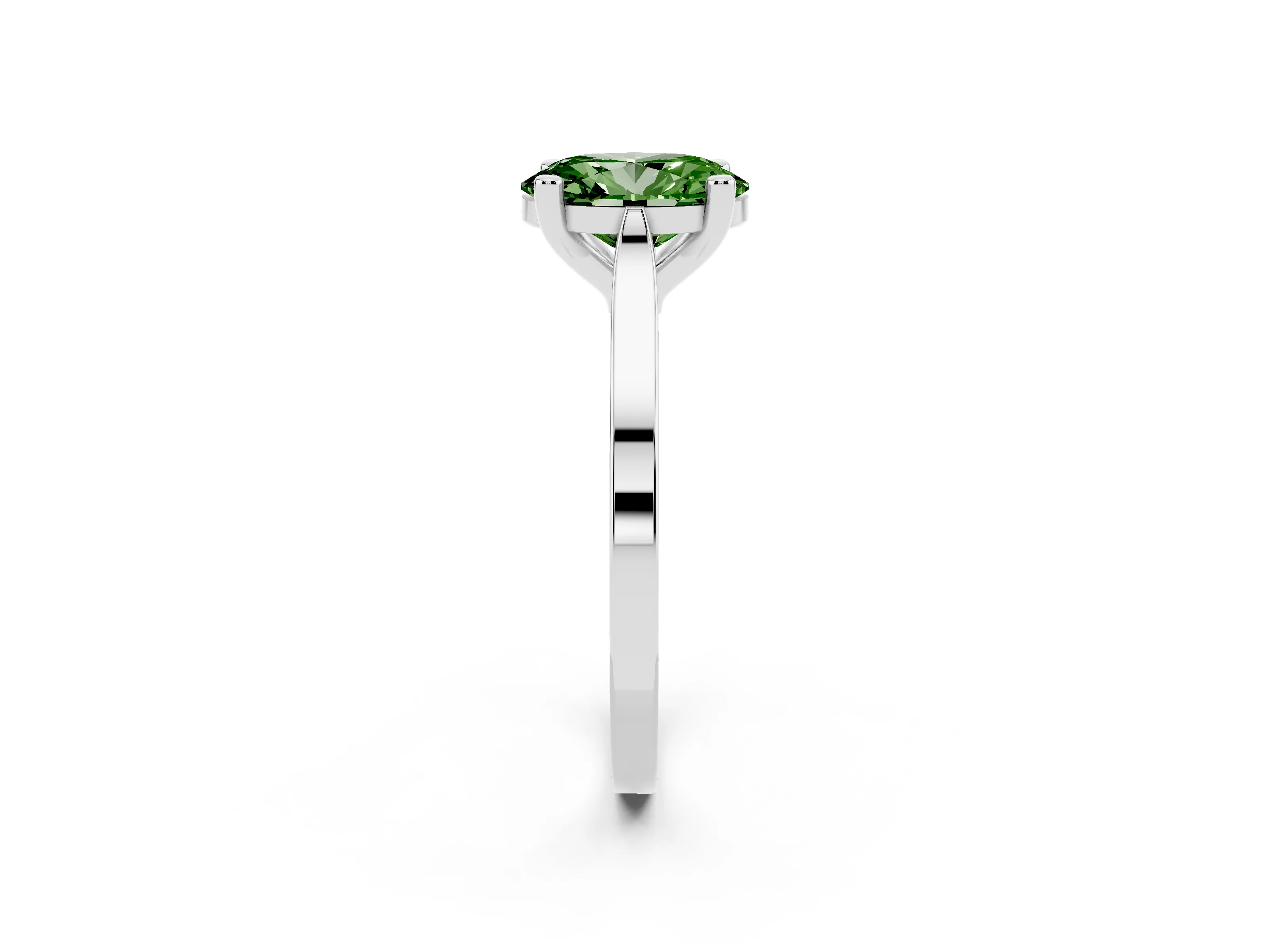 Fancy Green Oval Cut Diamond Solitaire Ring Set in Platinum with Prong Setting and Tapered Band