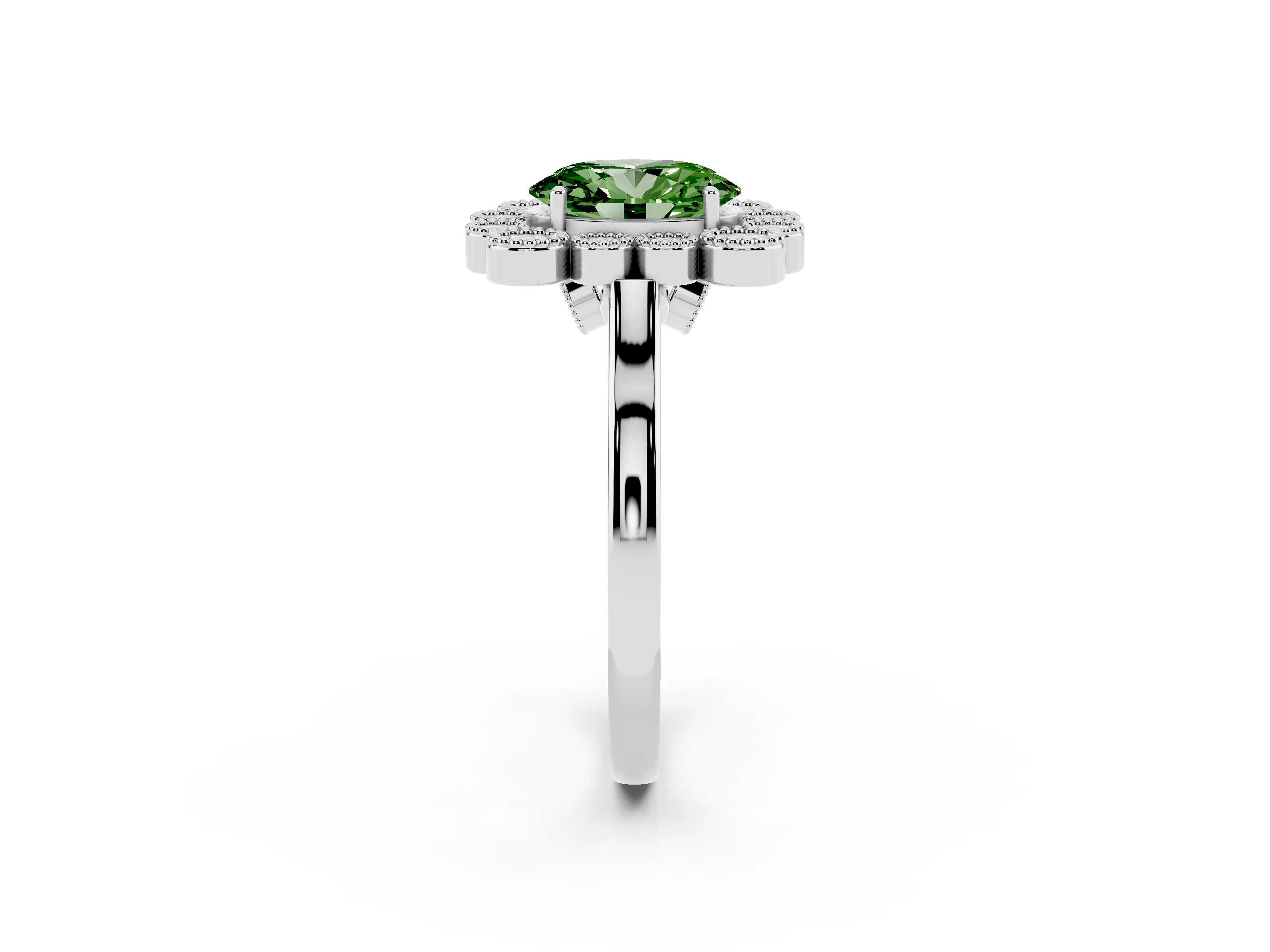 Fancy Green Oval Cut Diamond Cluster Halo Ring Set in White gold with Milgrain Bezel Accents and Plain Band