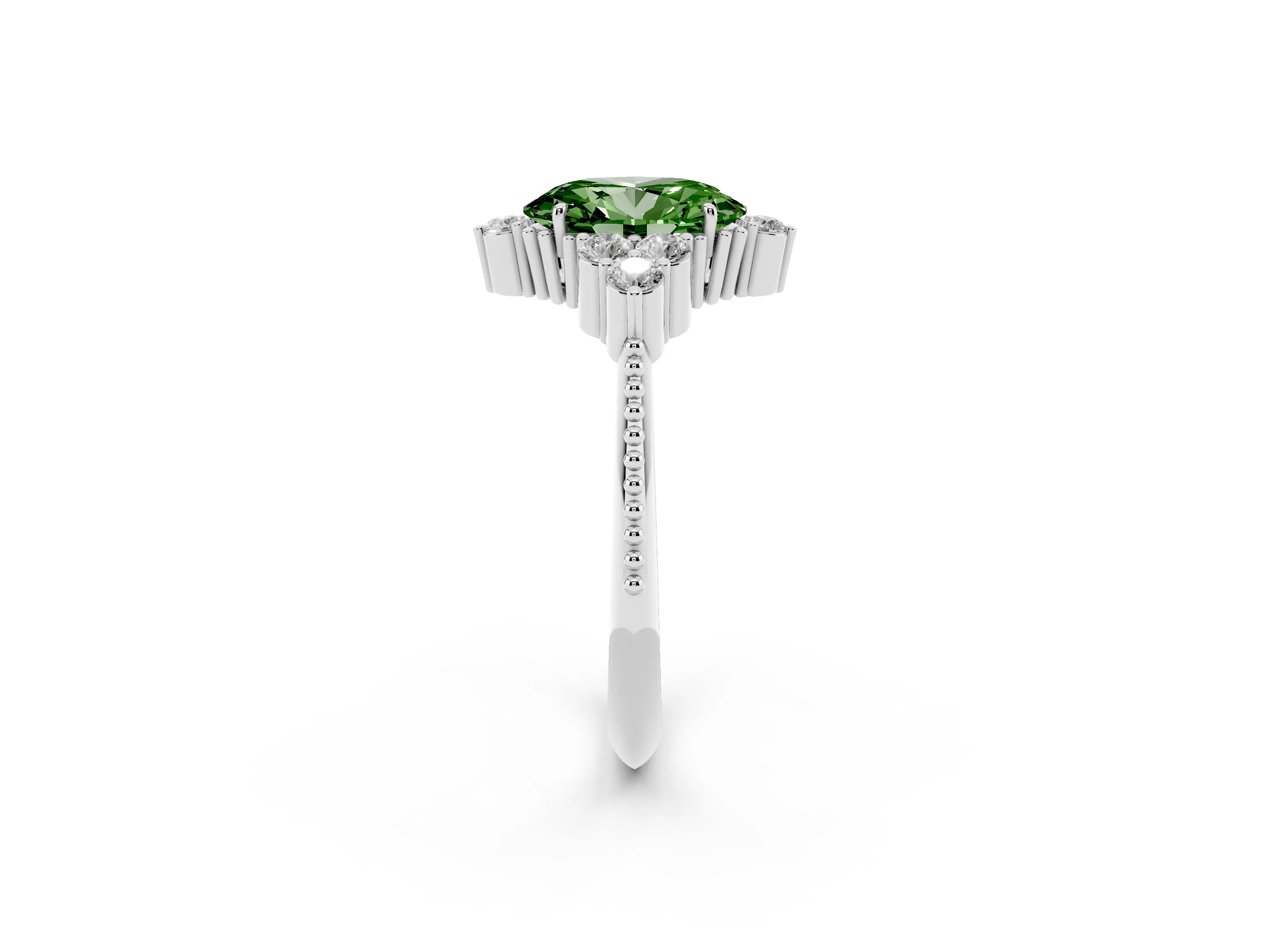 Fancy Green Oval Cut Diamond Cluster Ring Set in Silver with Beaded Band