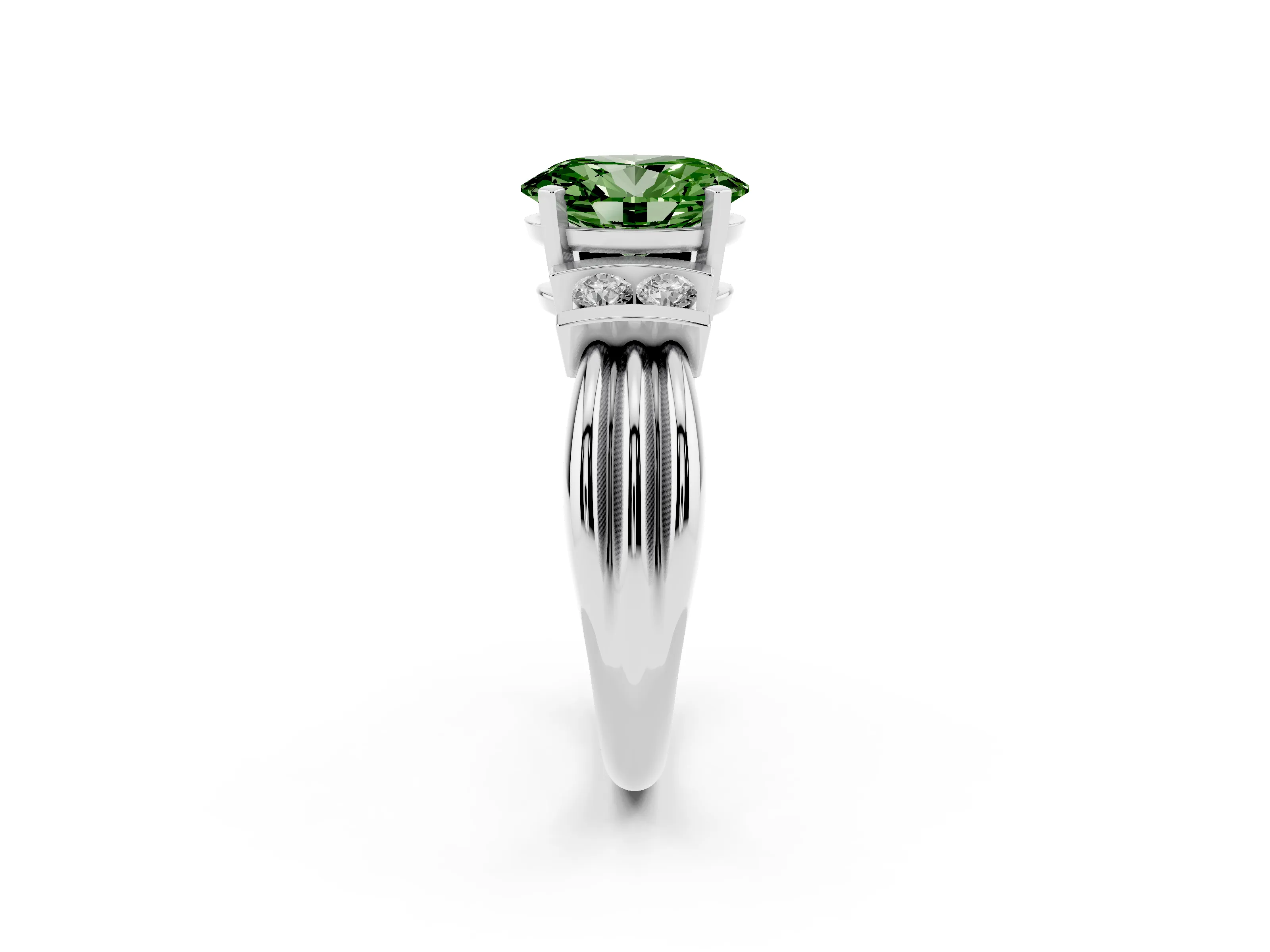 Fancy Green Three-Stone Oval Cut Diamond Channel Set Ring Set in Silver with Bar Prongs