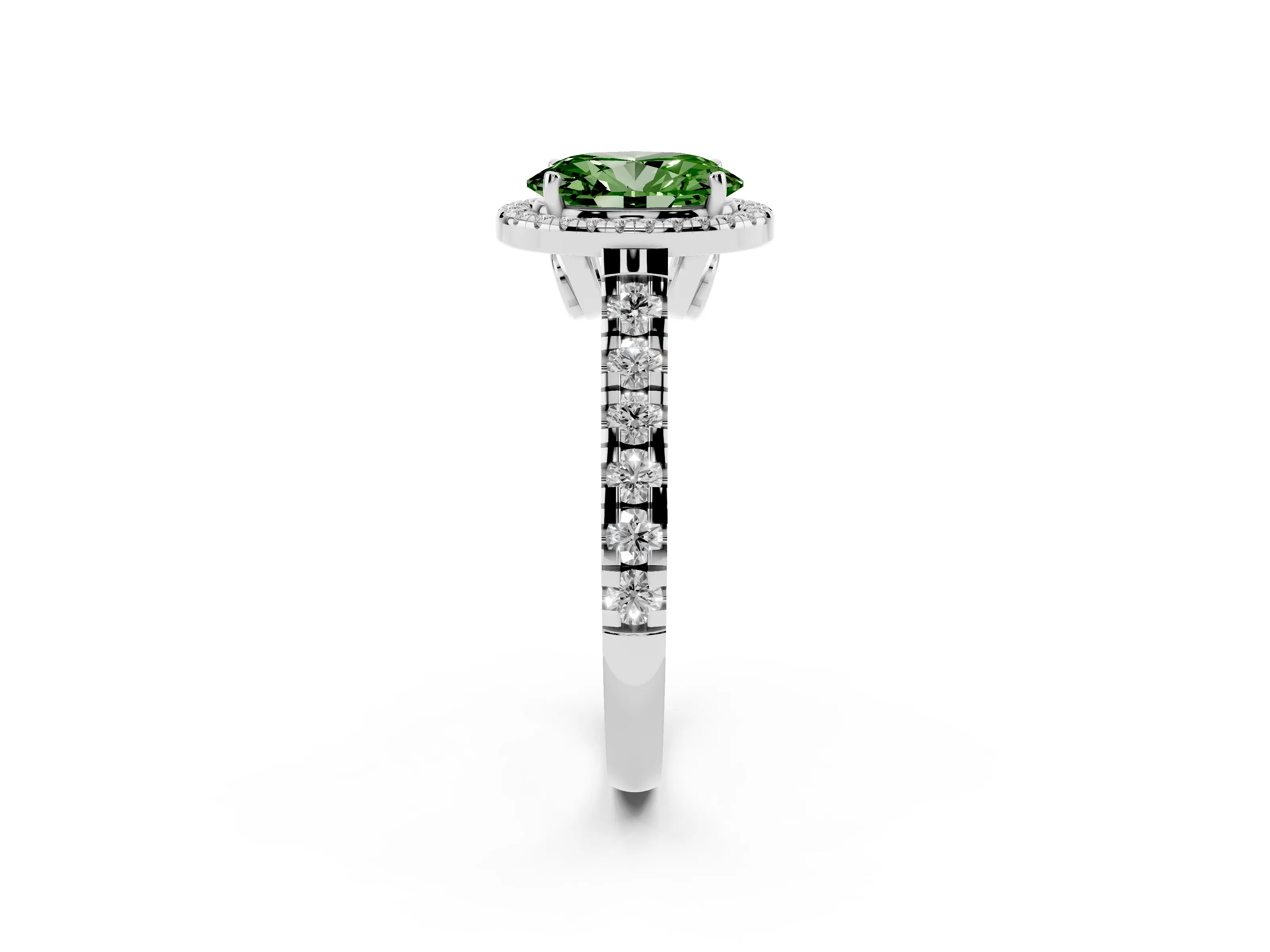 Fancy Green Oval Cut Diamond Halo Engagement Ring Set in White gold with Pavé Band and Prong-Set Center