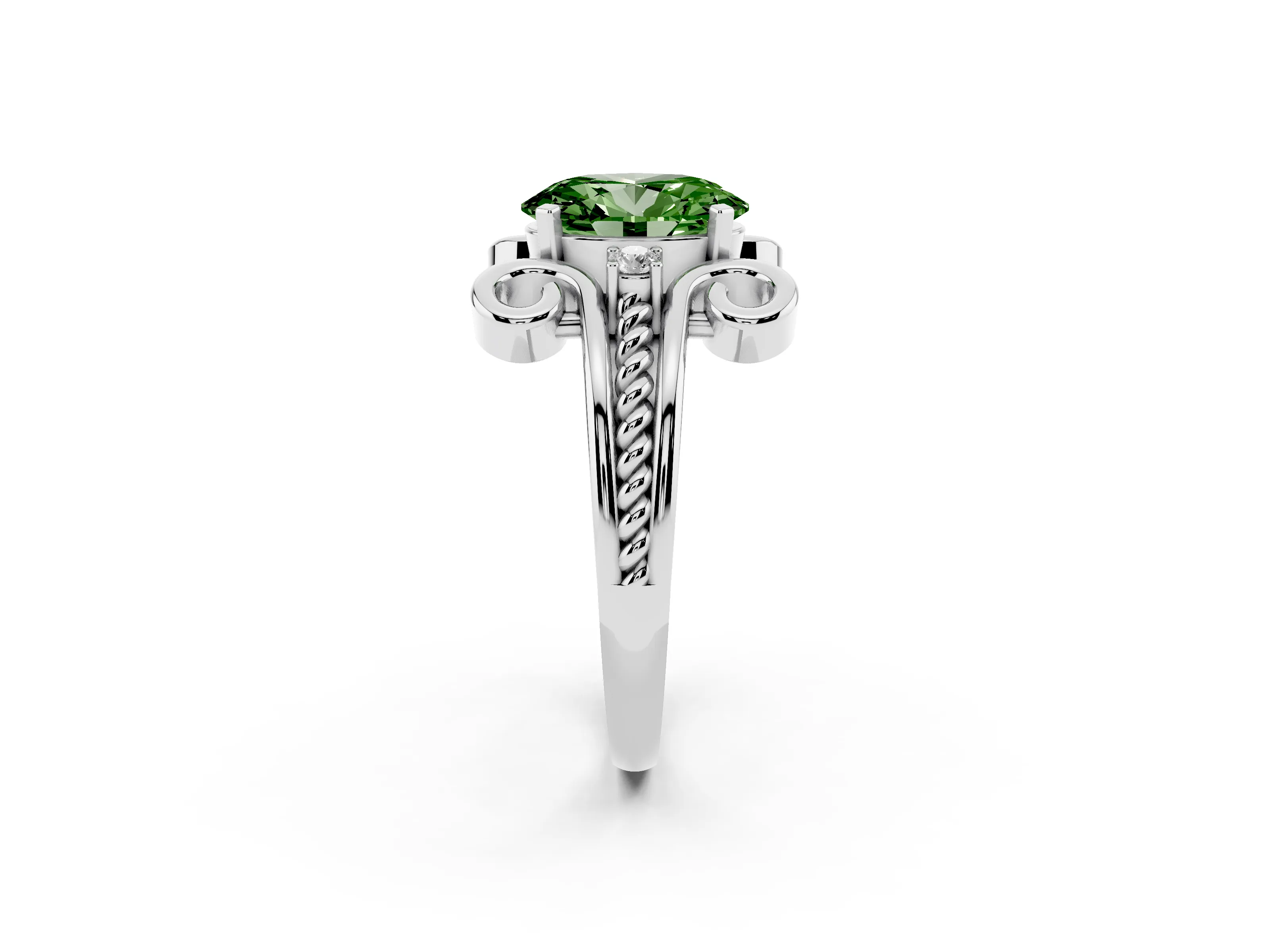 Fancy Green Oval Cut Diamond Twisted Band Solitaire Ring Set in Platinum with Scroll Prongs
