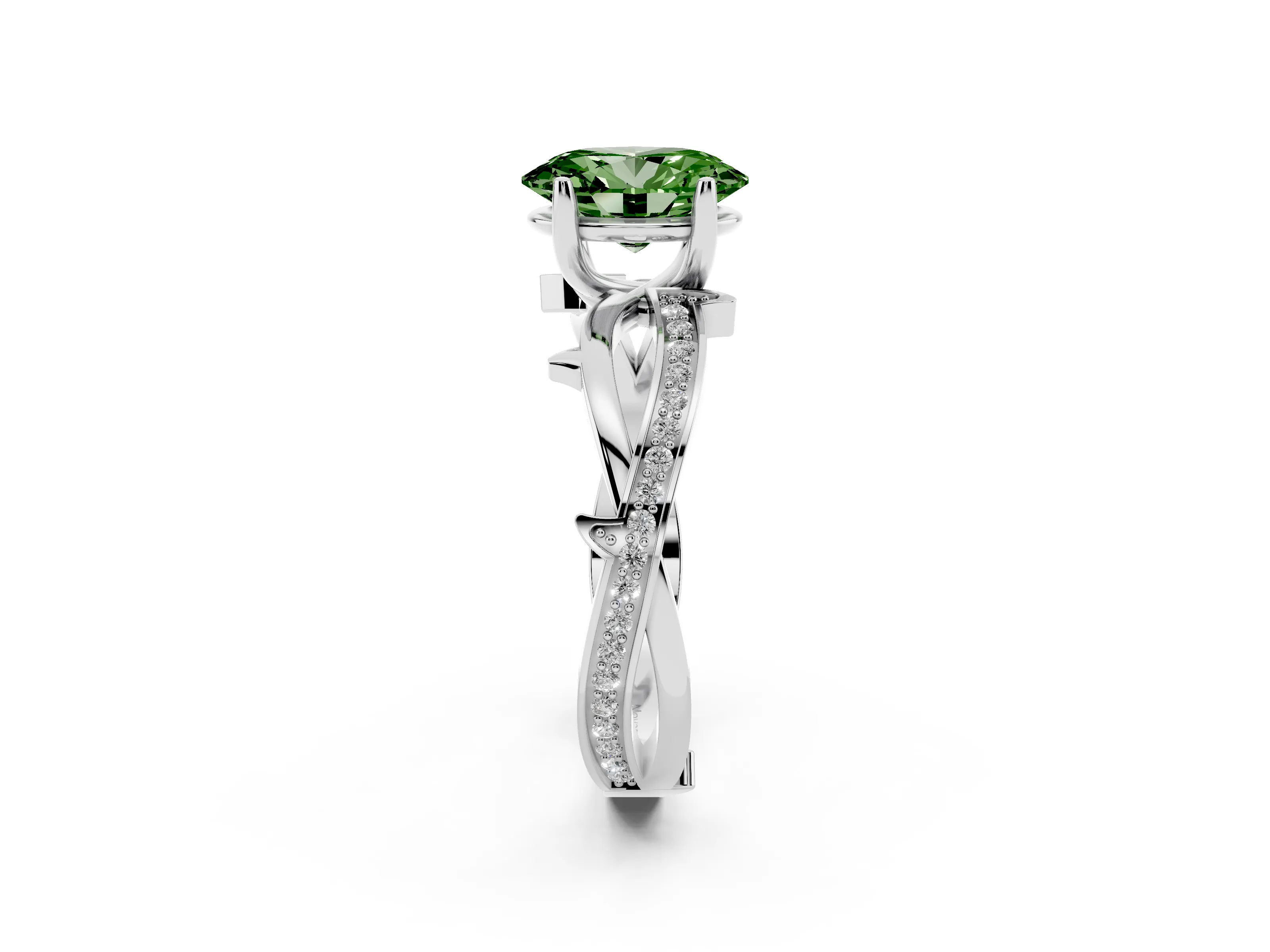 Fancy Green Oval Cut Diamond Pavé Twist Band Solitaire Ring Set in Platinum with Prong Setting
