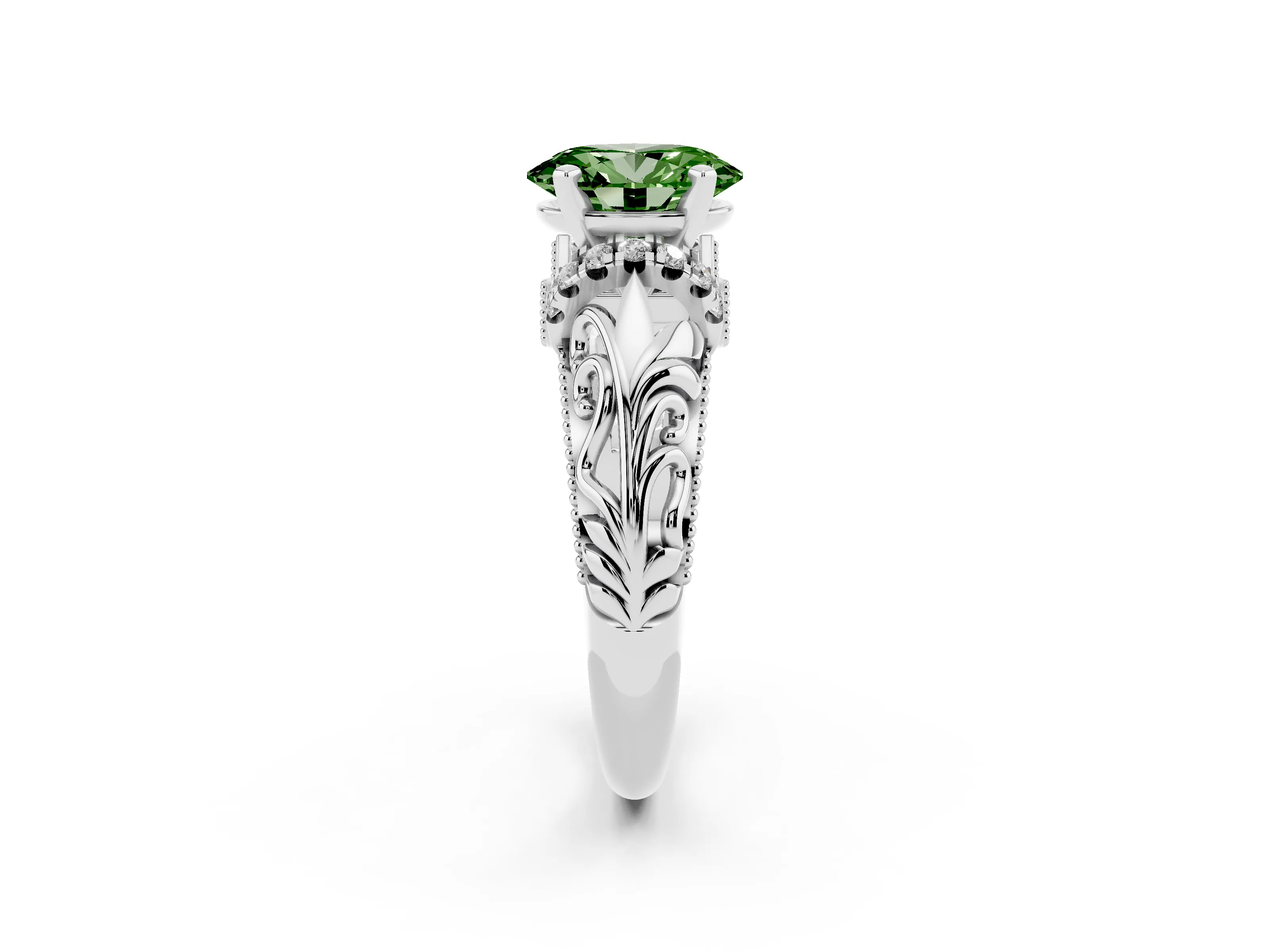 Fancy Green Oval Cut Diamond Filigree Halo Engagement Ring Set in White gold with Prong Setting