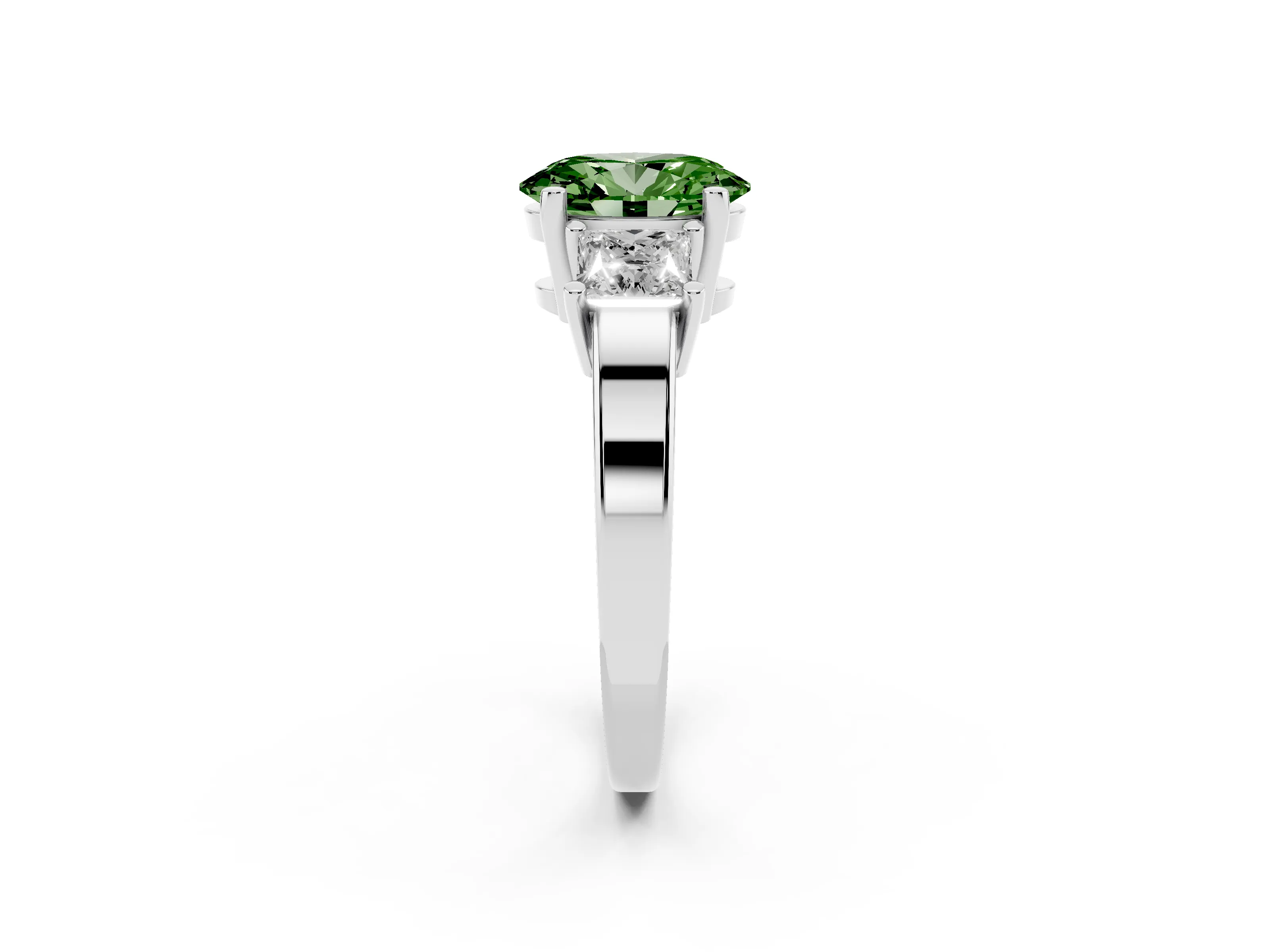 Fancy Green Three-Stone Oval Cut Diamond Solitaire Ring Set in Platinum with Prong Setting