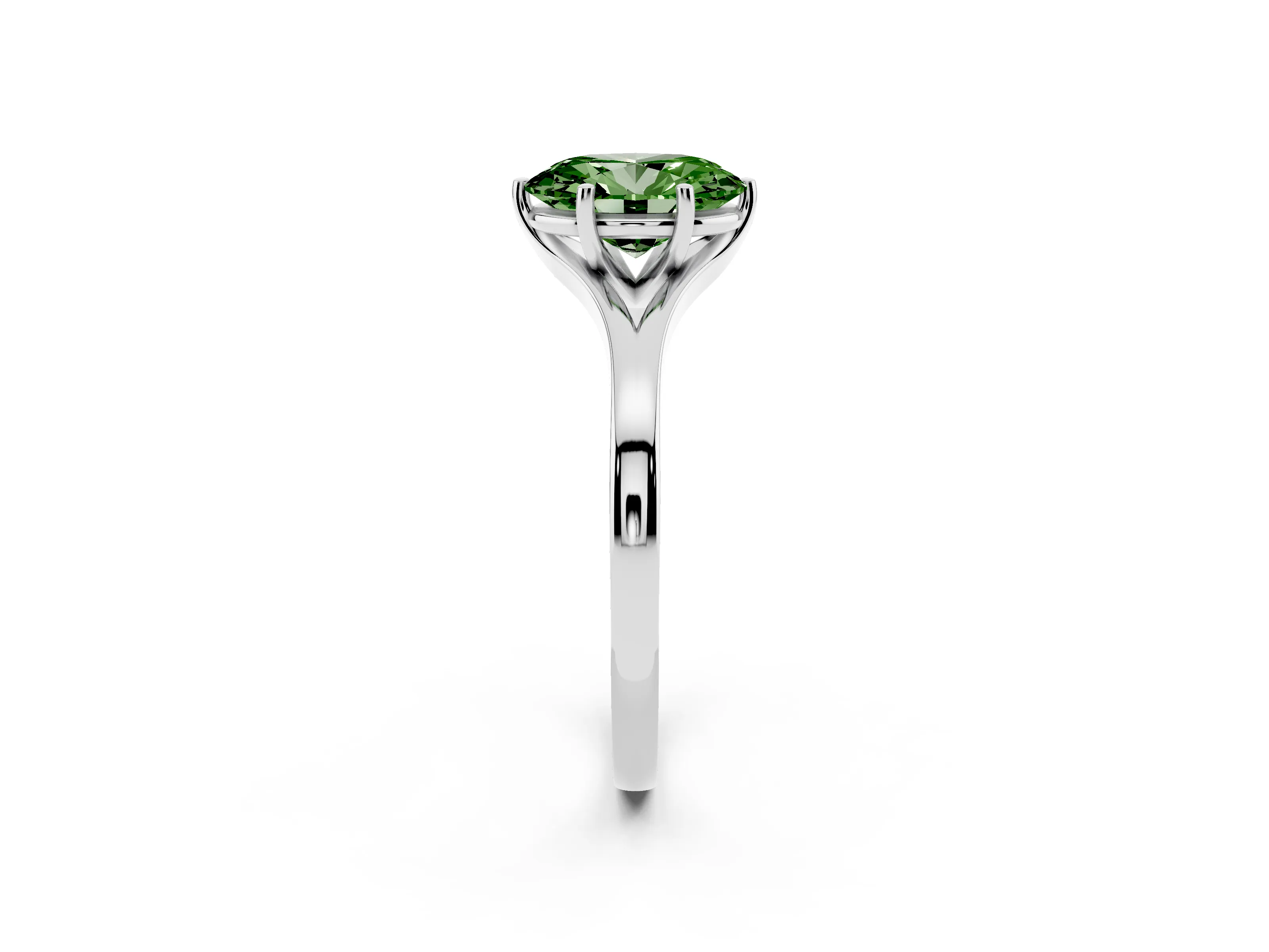 Fancy Green Oval Cut Diamond Solitaire Ring Set in Silver with Polished Tapered Band and Prong Setting