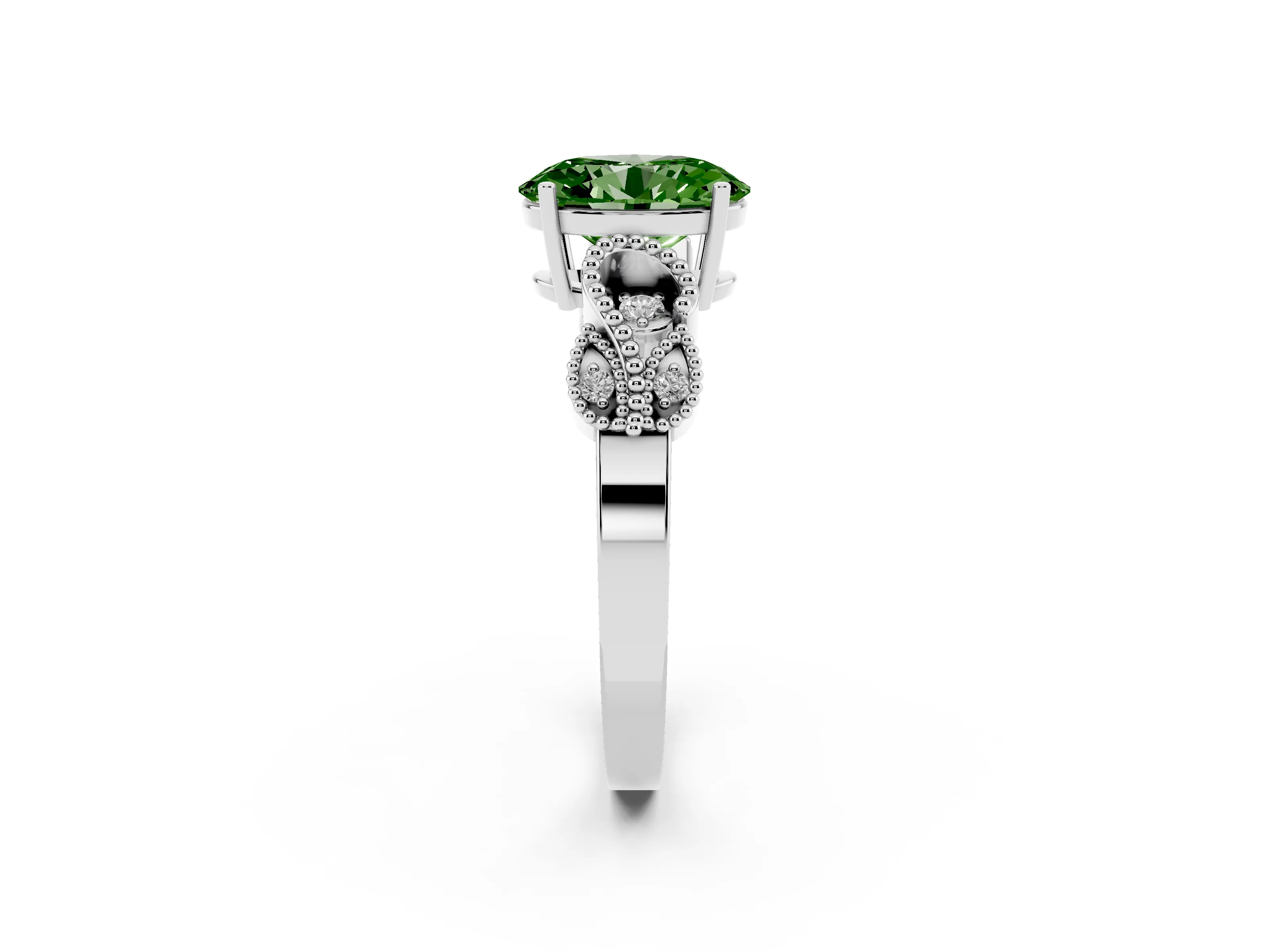 Fancy Green Oval Cut Diamond Milgrain Leaf Band Solitaire Ring Set in Platinum with Accent Stones and Prong Setting