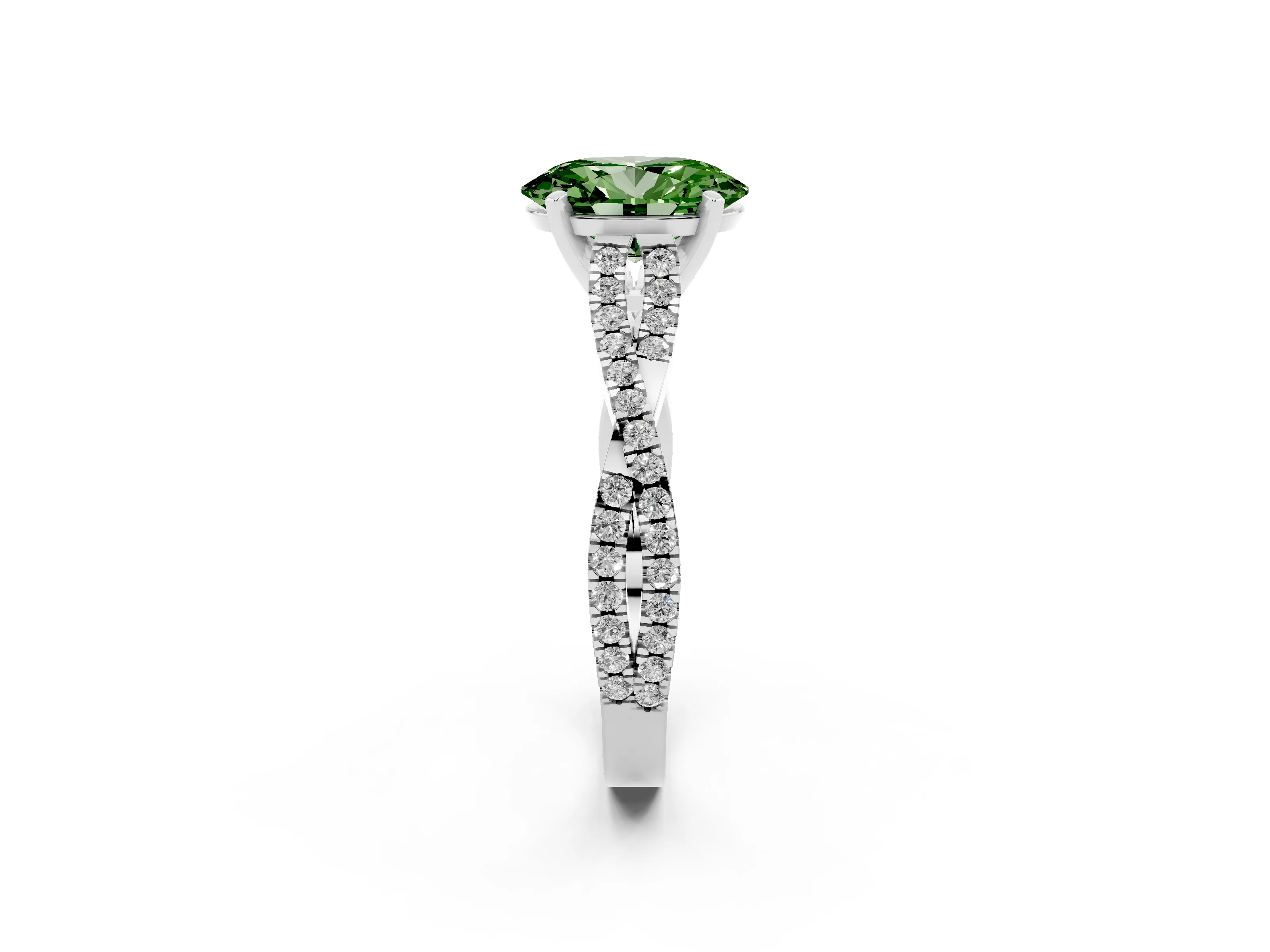 Fancy Green Oval Cut Diamond Solitaire Engagement Ring Set in White gold with Twisted Pavé Band and Prong Setting