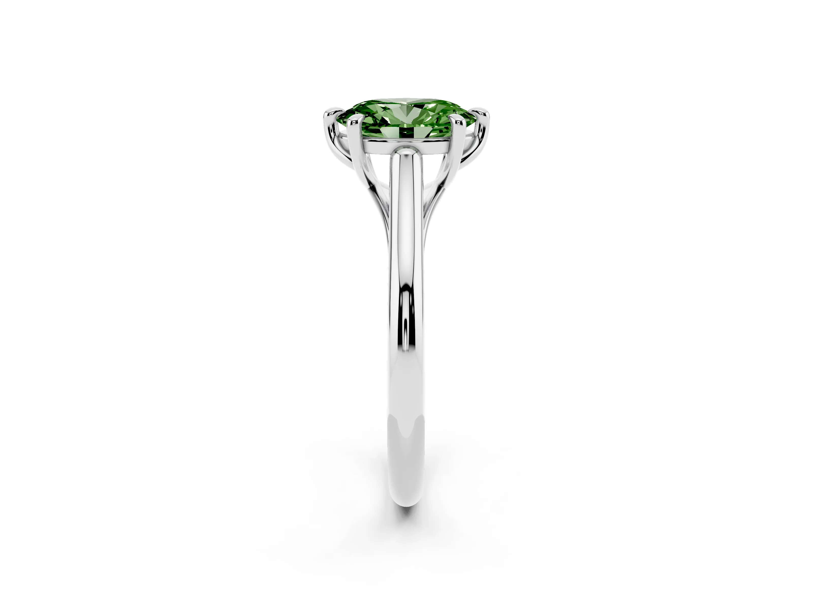 Fancy Green Oval Cut Diamond Solitaire Engagement Ring Set in Platinum with Prong Setting and Plain Classic Band