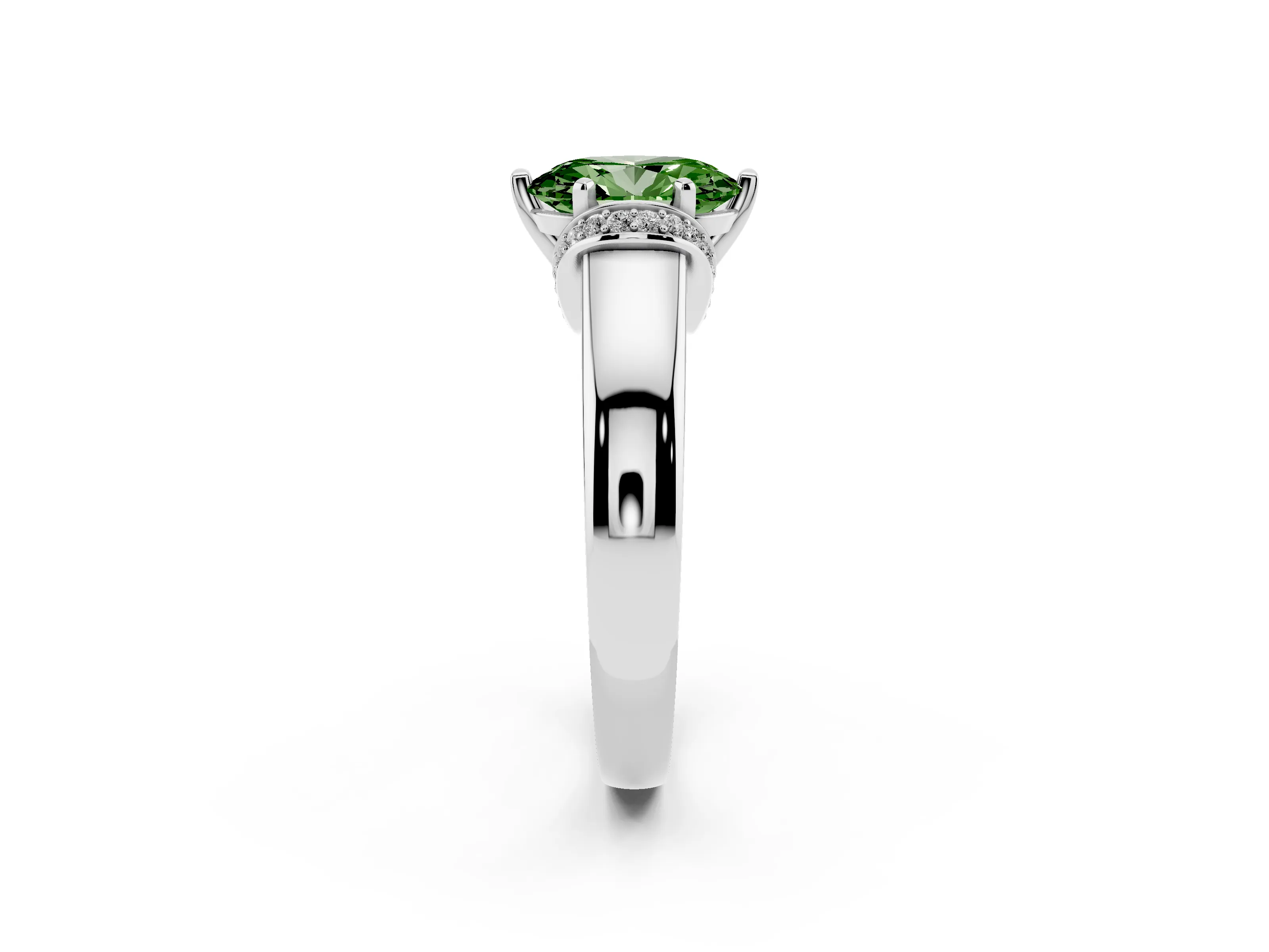Fancy Green Oval Cut Diamond Pavé Band Solitaire Ring Set in Silver with Prong Setting