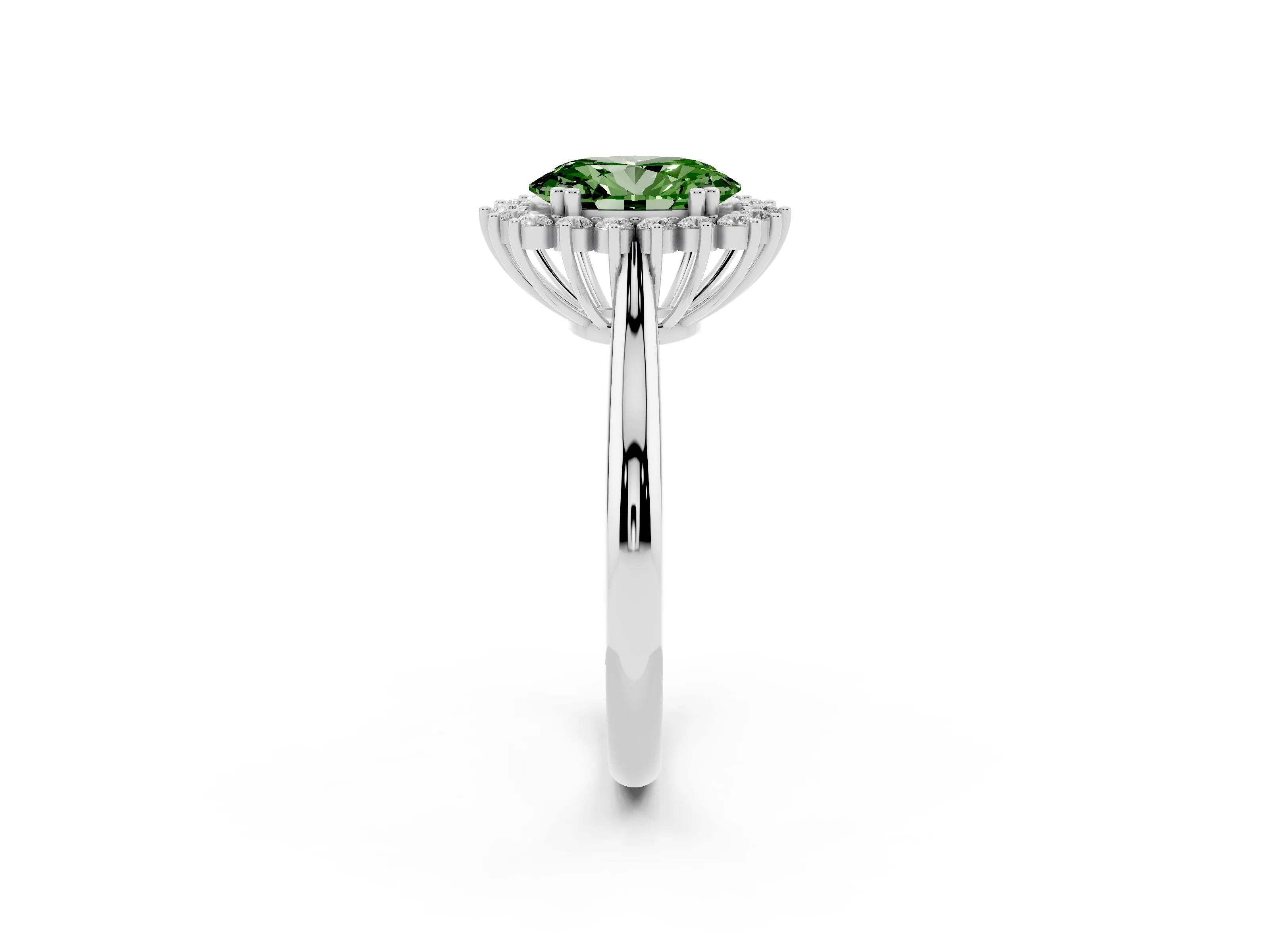Fancy Green Oval Cut Diamond Halo Ring Set in Silver with Plain Solitaire Band and Prong Setting