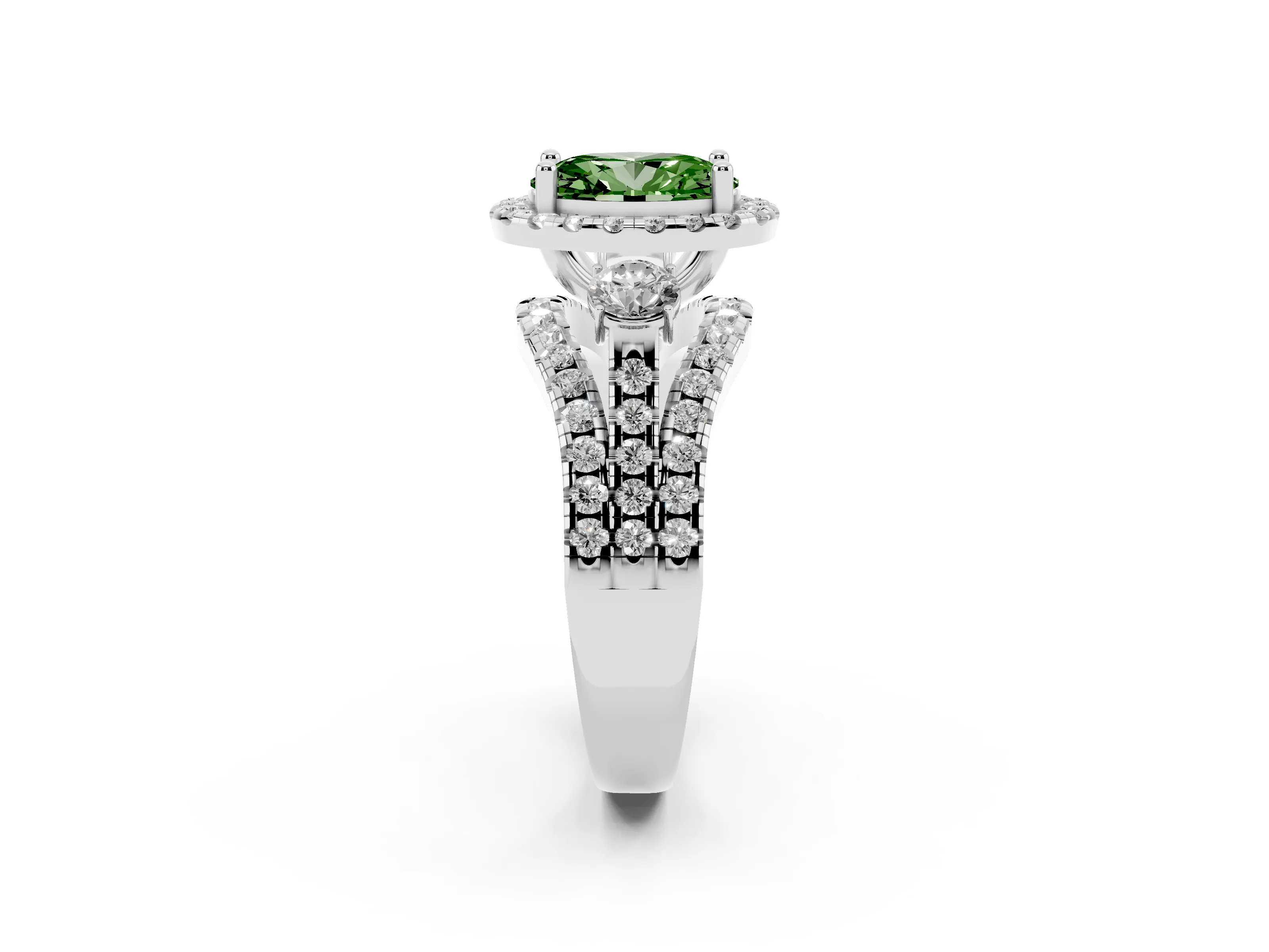 Fancy Green Oval Cut Diamond Halo Split Shank Ring Set in White gold with Round Accent Stones and Prong Setting