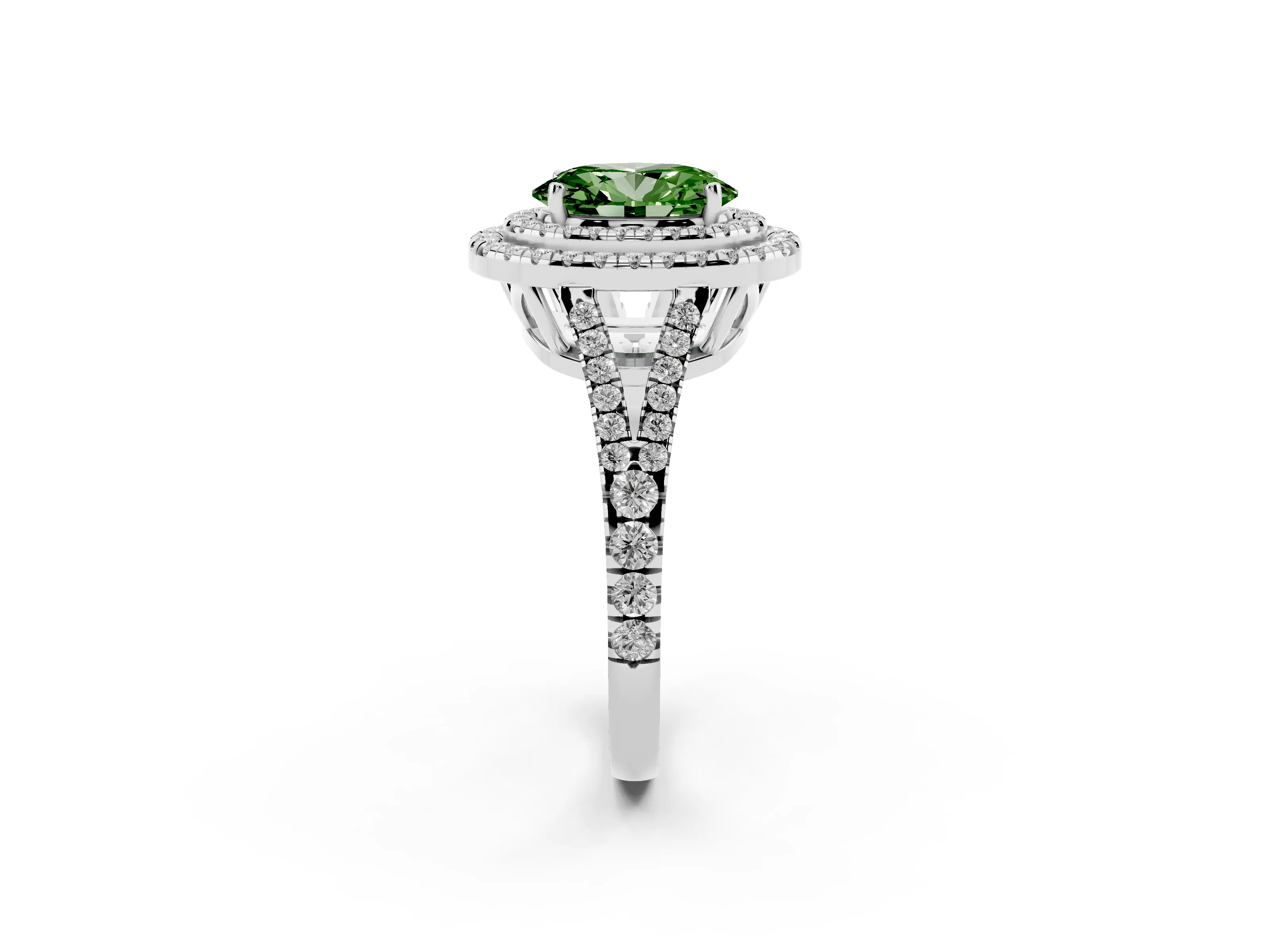 Fancy Green Oval Cut Diamond Double Halo Ring Set in Silver with Pavé Band