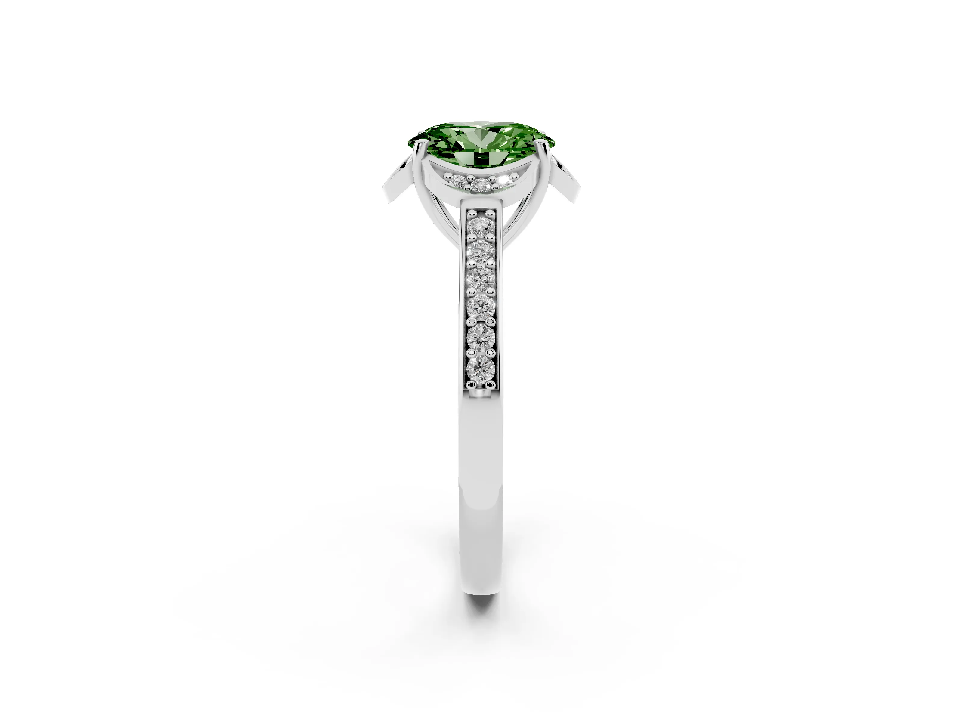 Fancy Green Oval Cut Diamond Halo Ring Set in White gold with Channel Set Band and Prong Setting