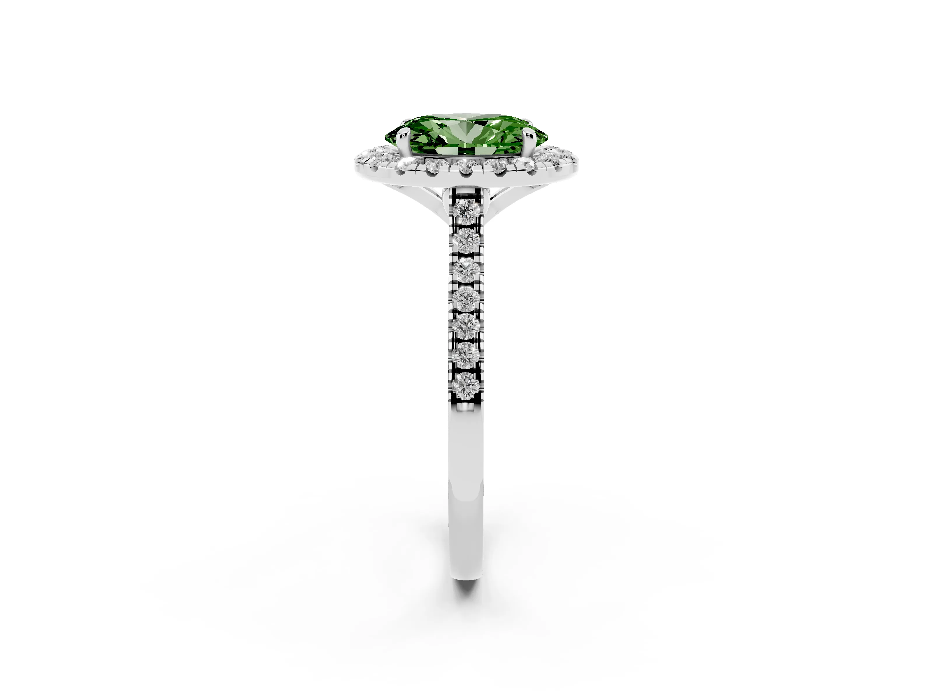 Fancy Green Oval Cut Diamond Cushion Halo Ring Set in White gold with Pavé Band