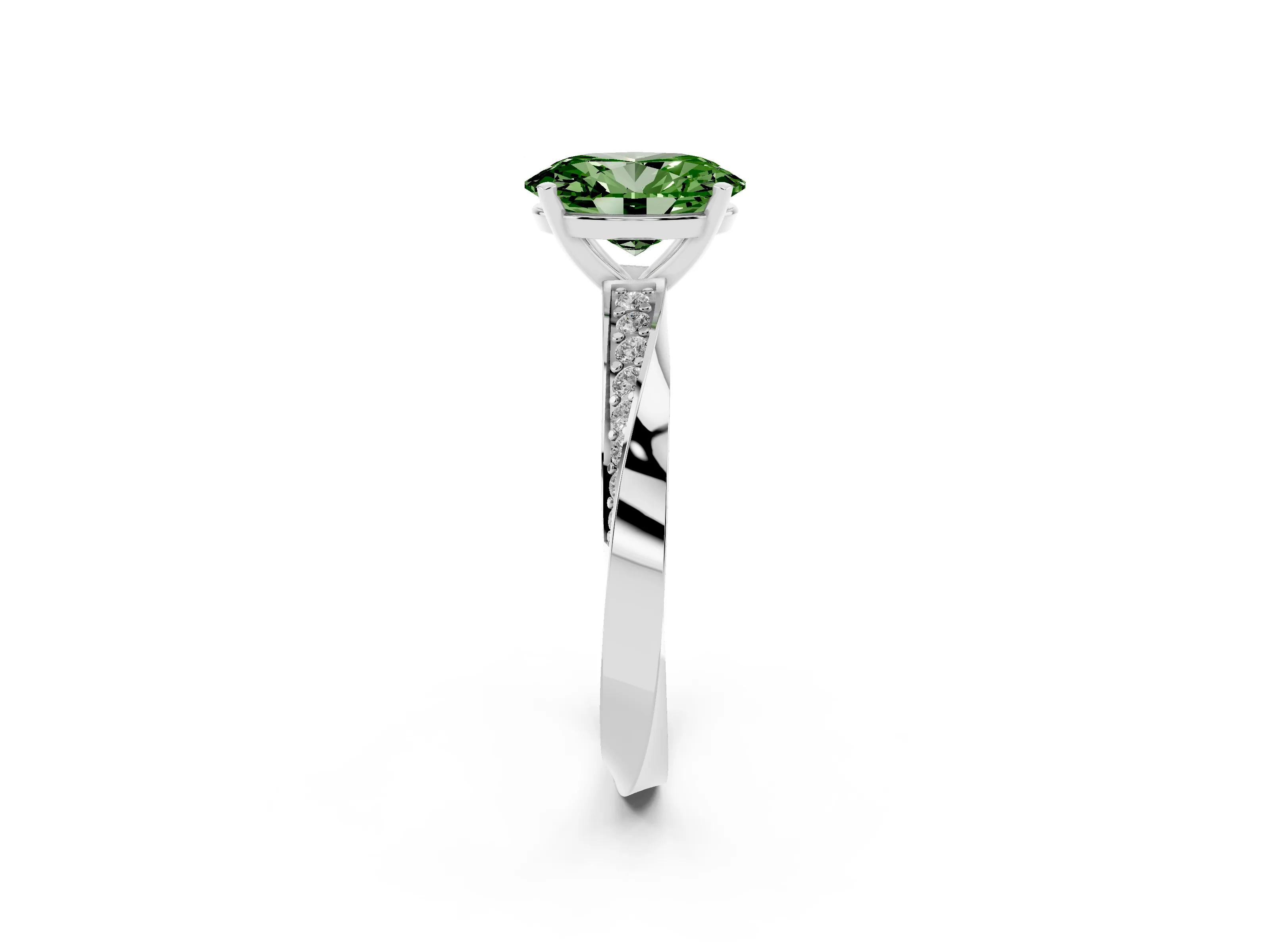 Fancy Green Oval Cut Diamond Engagement Ring Set in Silver with Side Stone Accents and Prong Setting